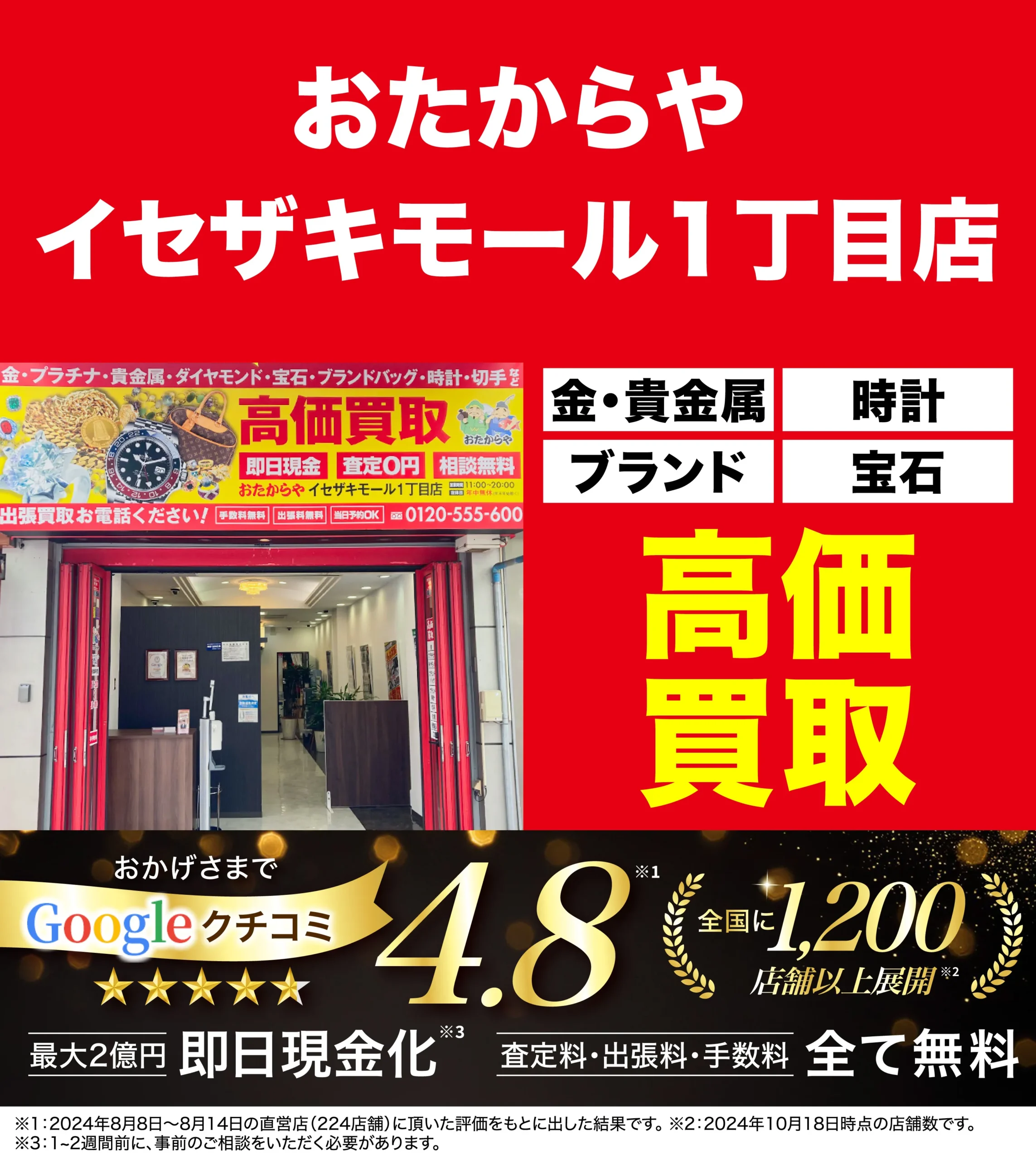 金、貴金属高価買取！googleクチコミ4.8、全国1,200店舗以上！