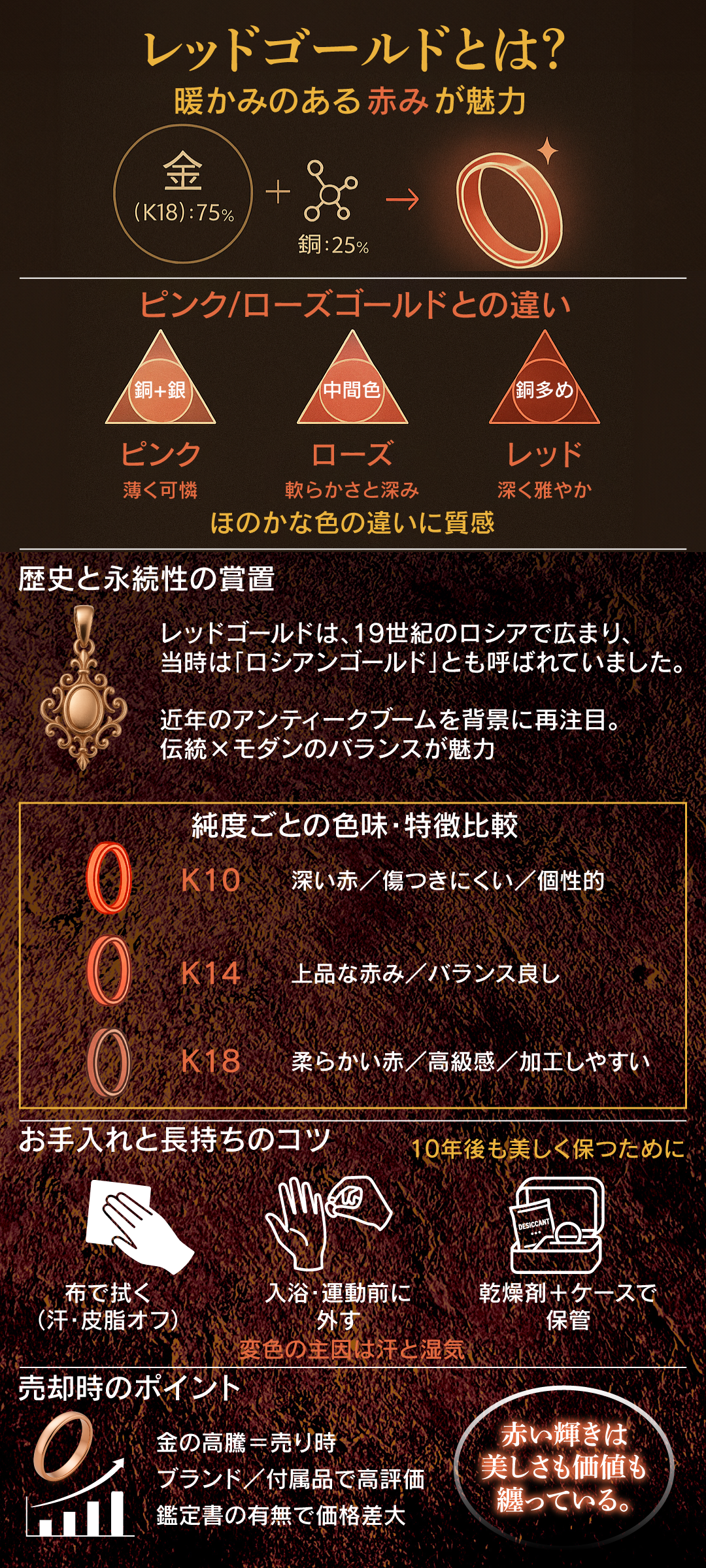 レッドゴールドの特徴とは？指輪やアクセサリーの魅力と売却ポイントも紹介