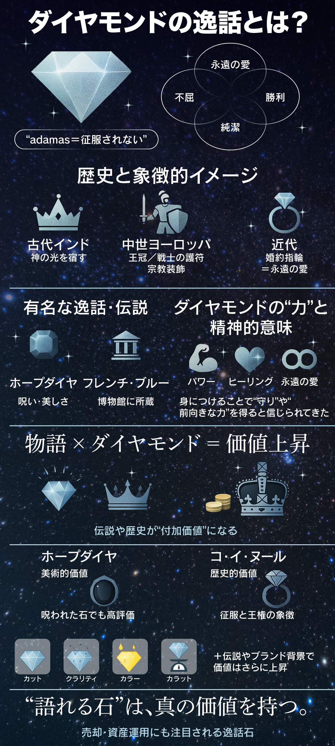 ダイヤモンドの逸話とは?石言葉のイメージから知る、宝石の魅力と資産価値を徹底解説