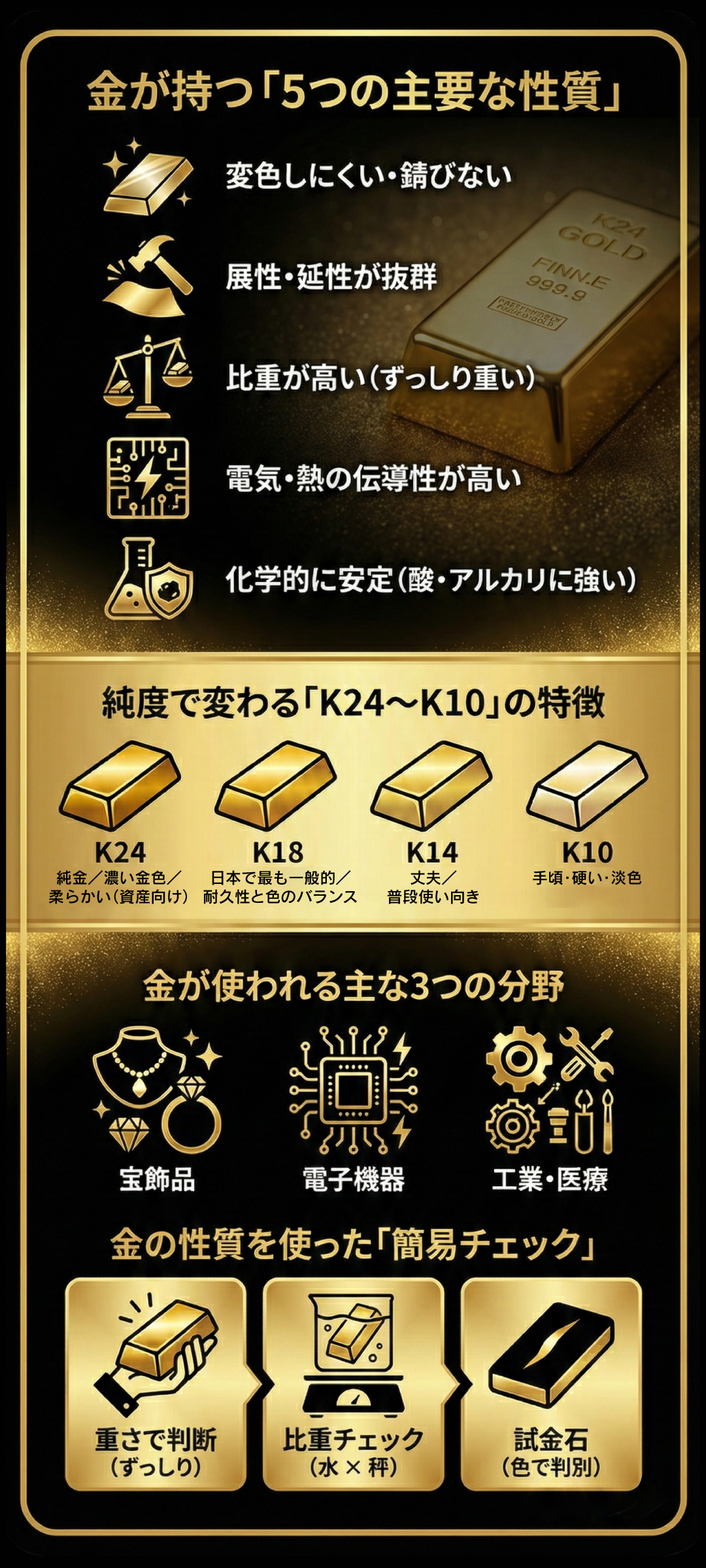 金の性質とは？変色しない理由や比重、展性などをわかりやすく解説