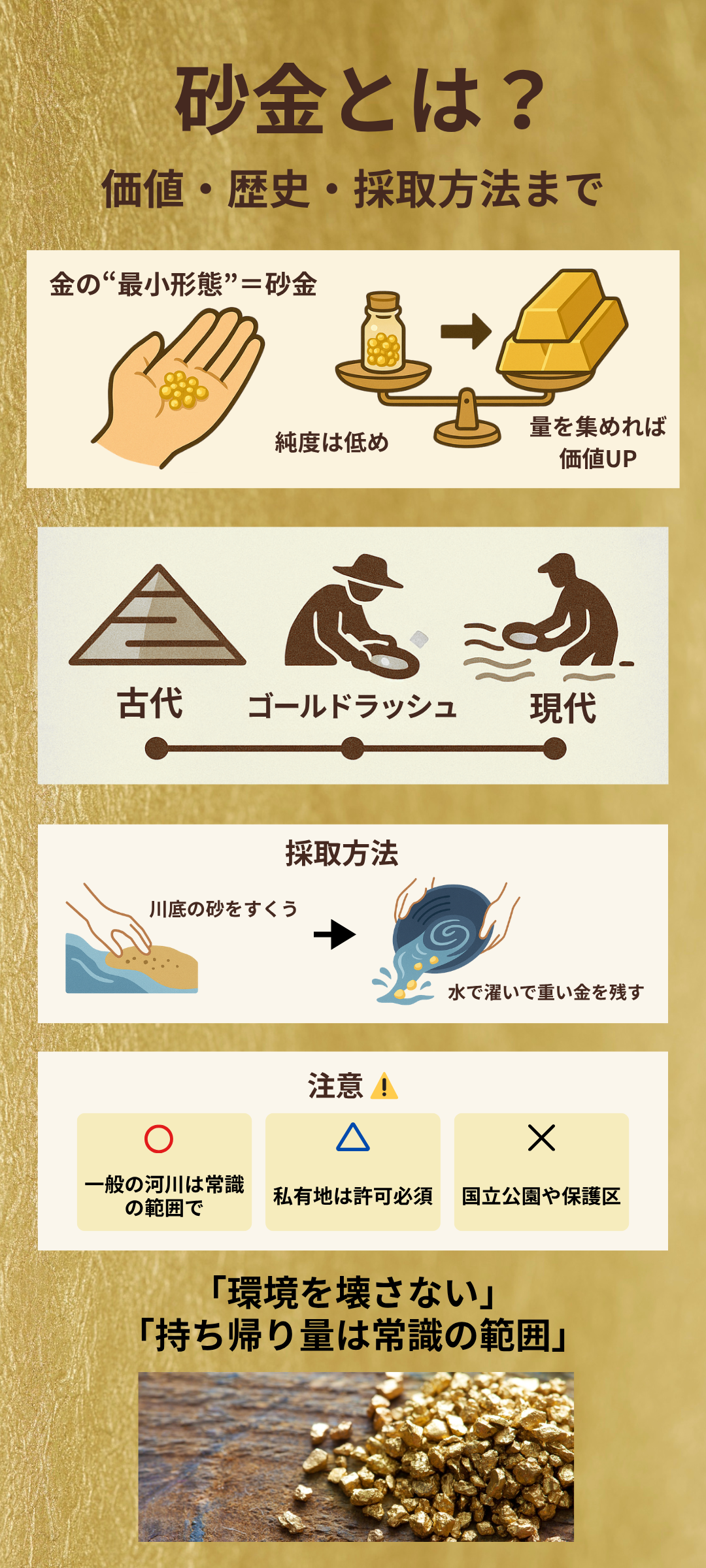 砂金とは？価値・歴史・採取方法をわかりやすく解説｜ナゲットとの違いや法律も紹介