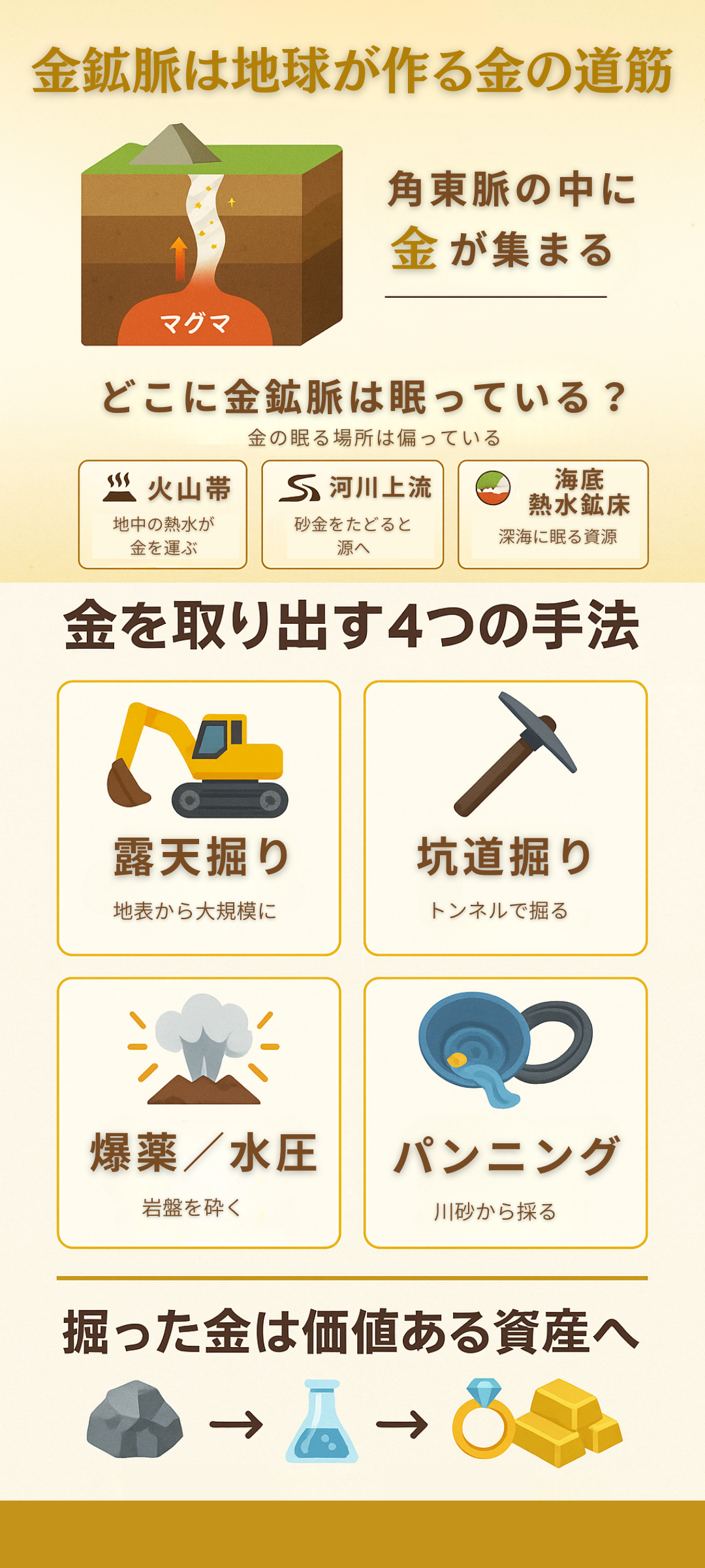金鉱脈の見つけ方と採掘方法|日本で金はどこにある?