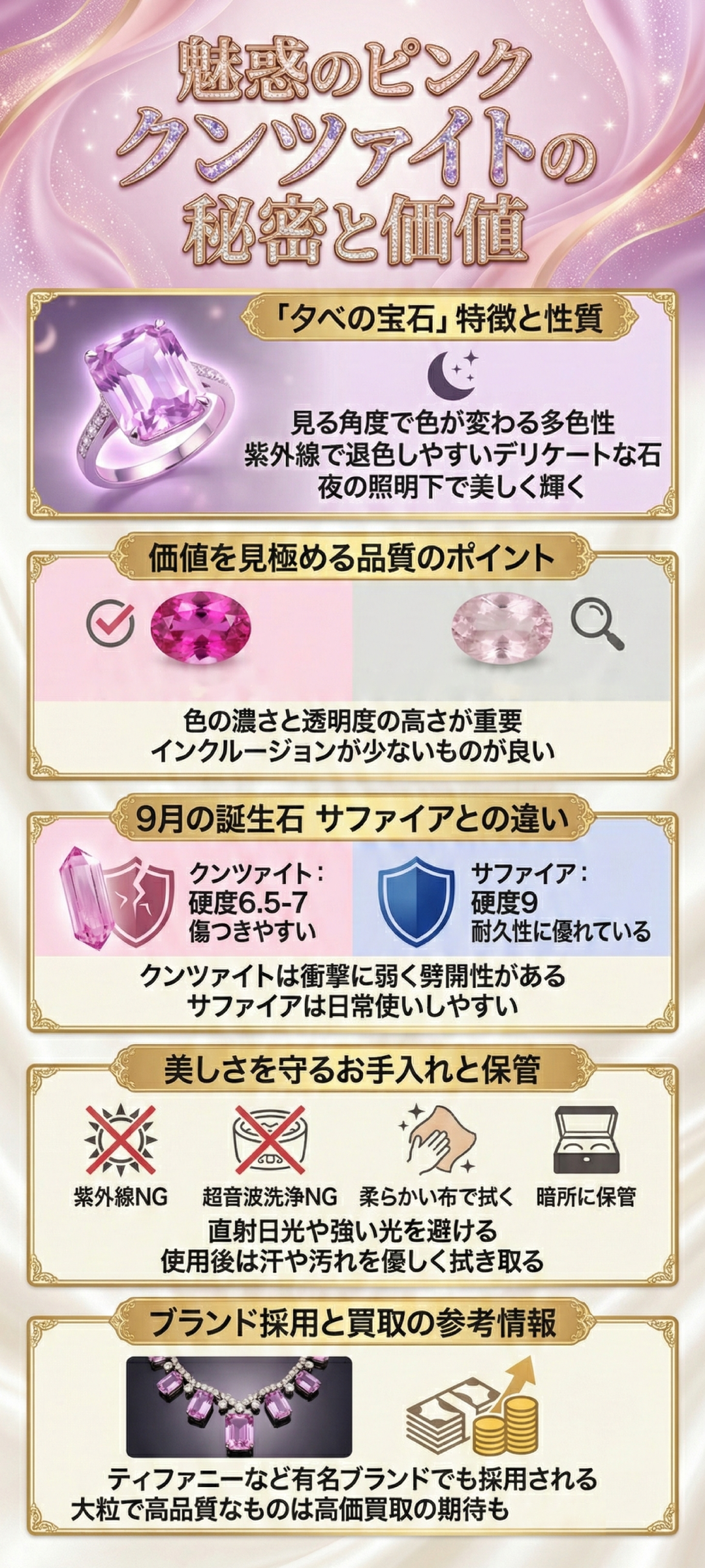 クンツァイトとはどんな宝石?特徴・石言葉・誕生石の由来からお手入れ方法まで徹底解説