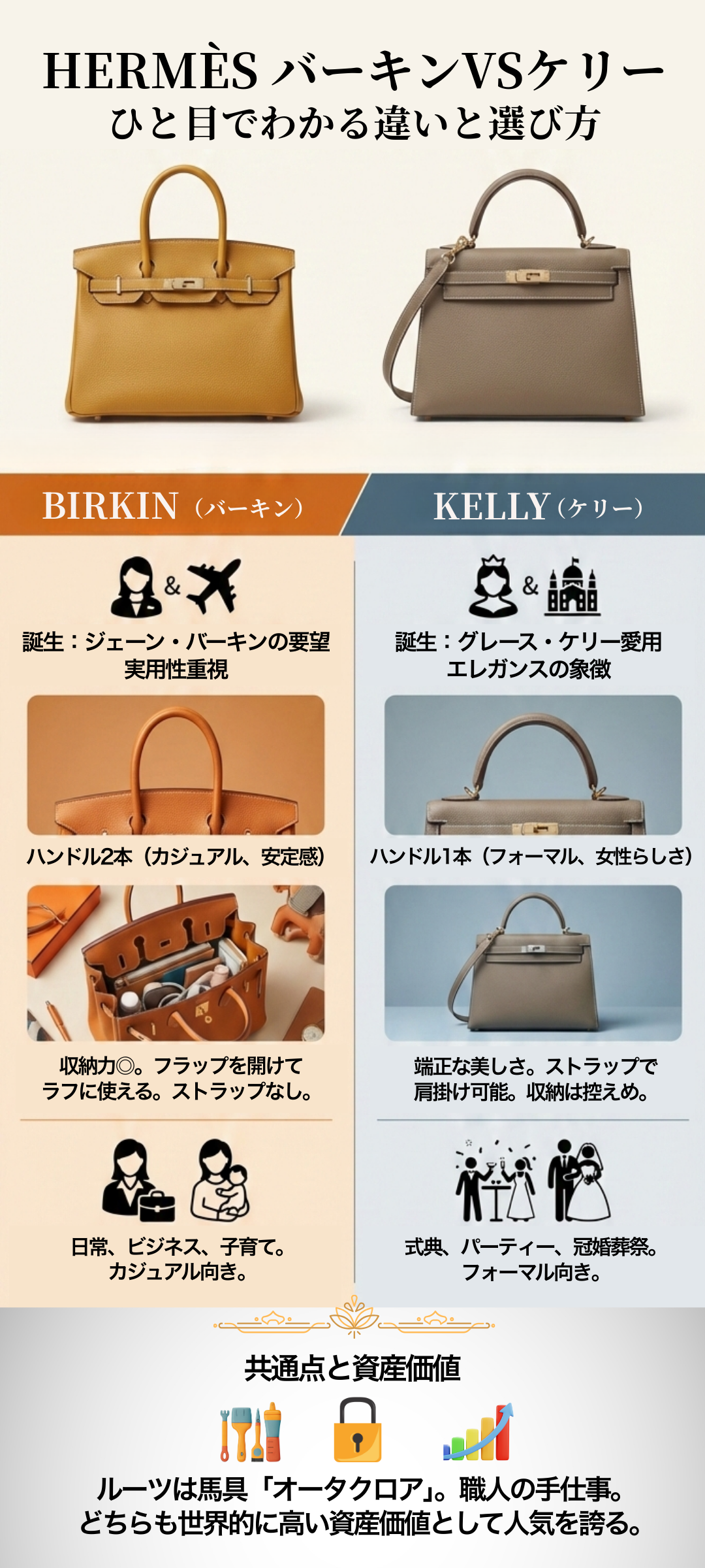 バーキンとケリーの違いとは？それぞれのバッグの魅力と資産価値を徹底比較