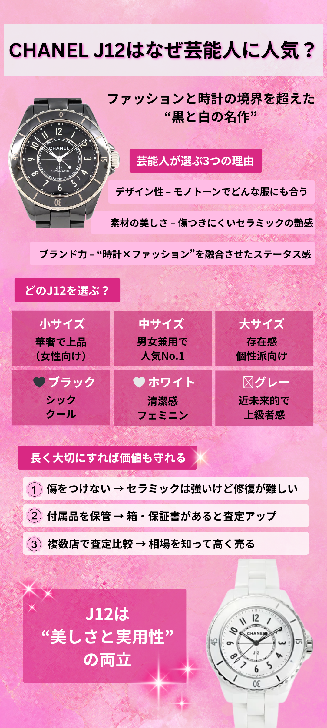 シャネルJ12はなぜ芸能人に人気？愛用モデル・選び方・買取のコツを解説