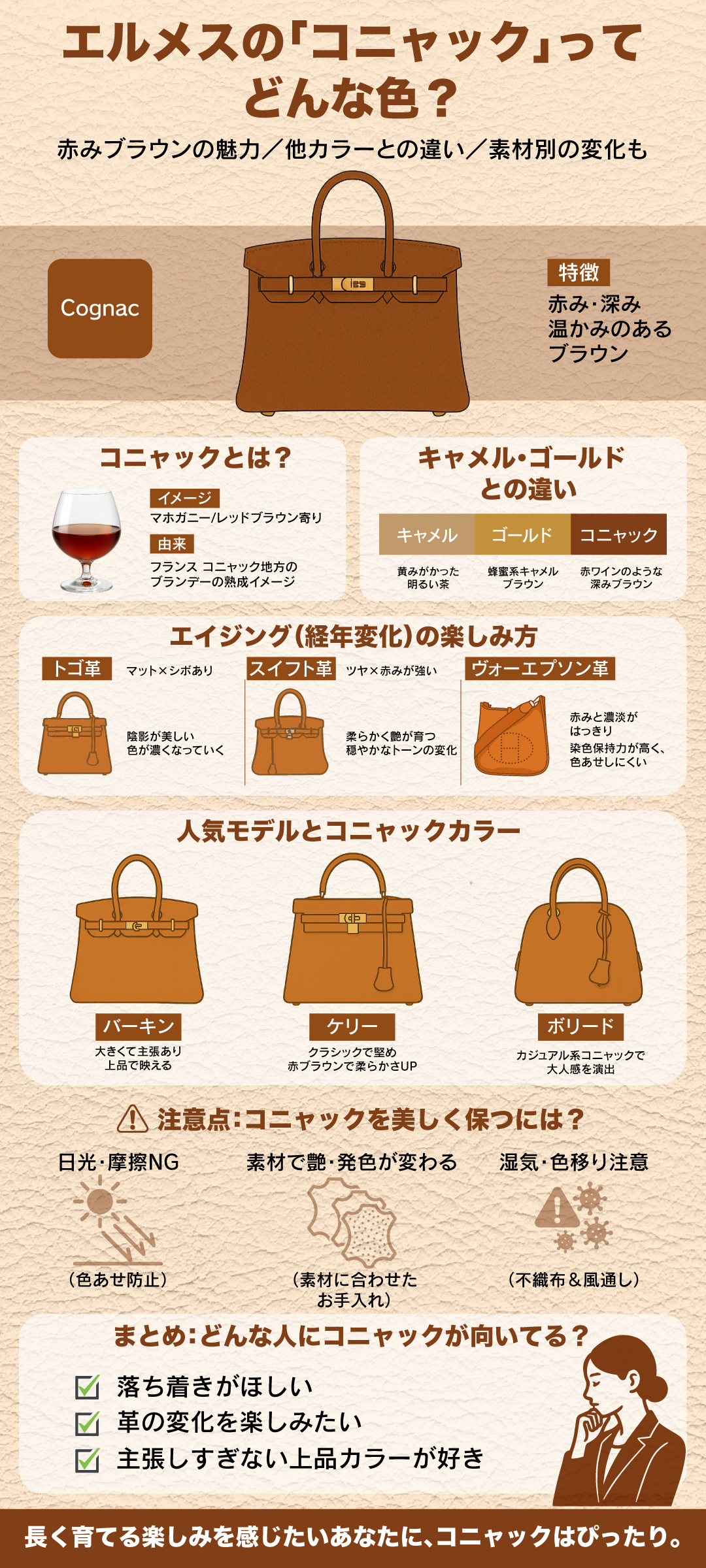 エルメスのコニャックとは?色の特徴・キャメルやゴールドとの違い・人気モデルまで徹底解説