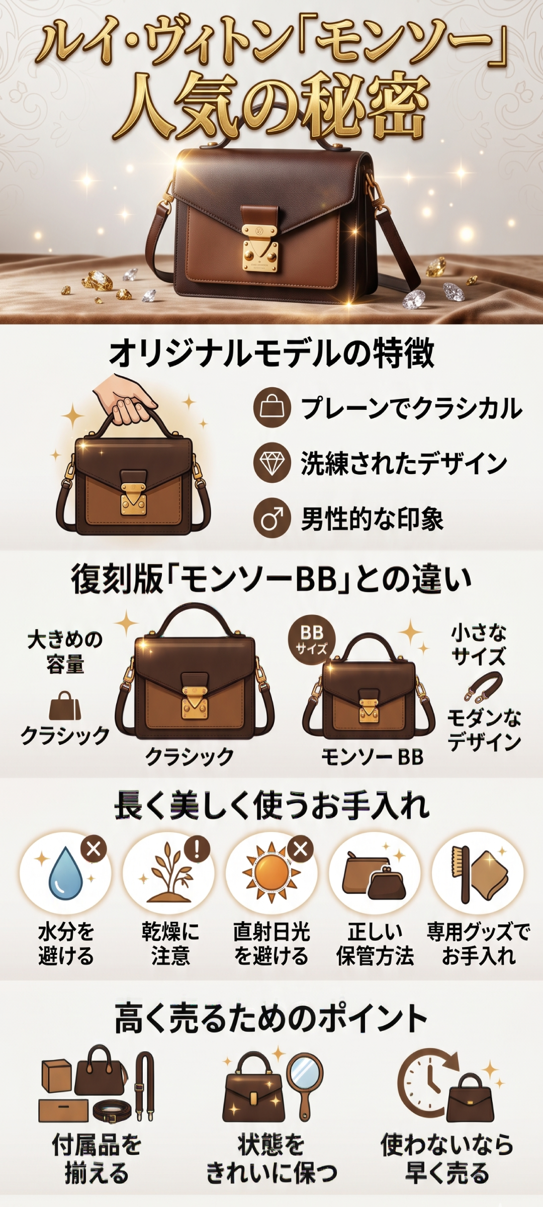 ルイ・ヴィトンの「モンソー」が廃盤でも人気の理由とは？「モンソーBB」との違いやお手入れのポイントもご紹介