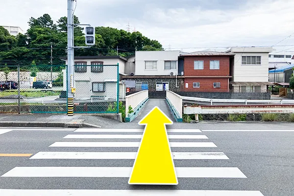 左側に横断歩道と橋が見えるので両方渡ります。