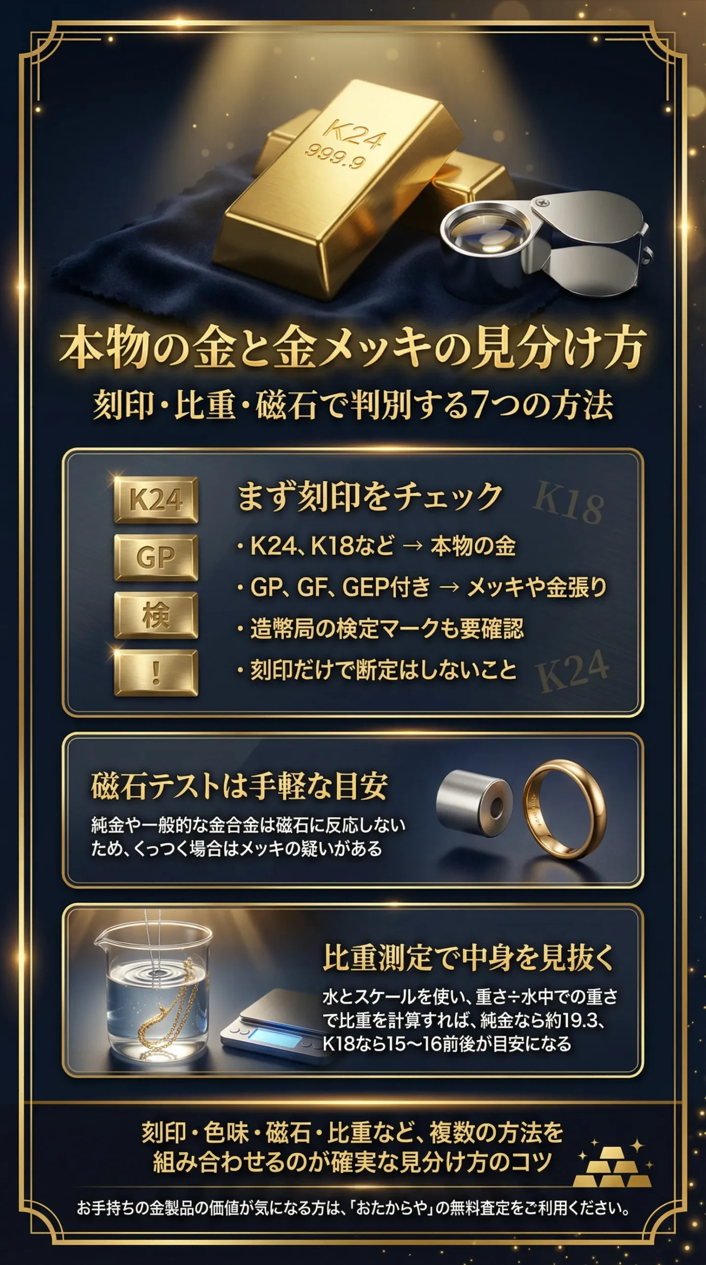 本物の金と偽物の金（金メッキ）の見分け方7選！刻印・比重・磁石で判別