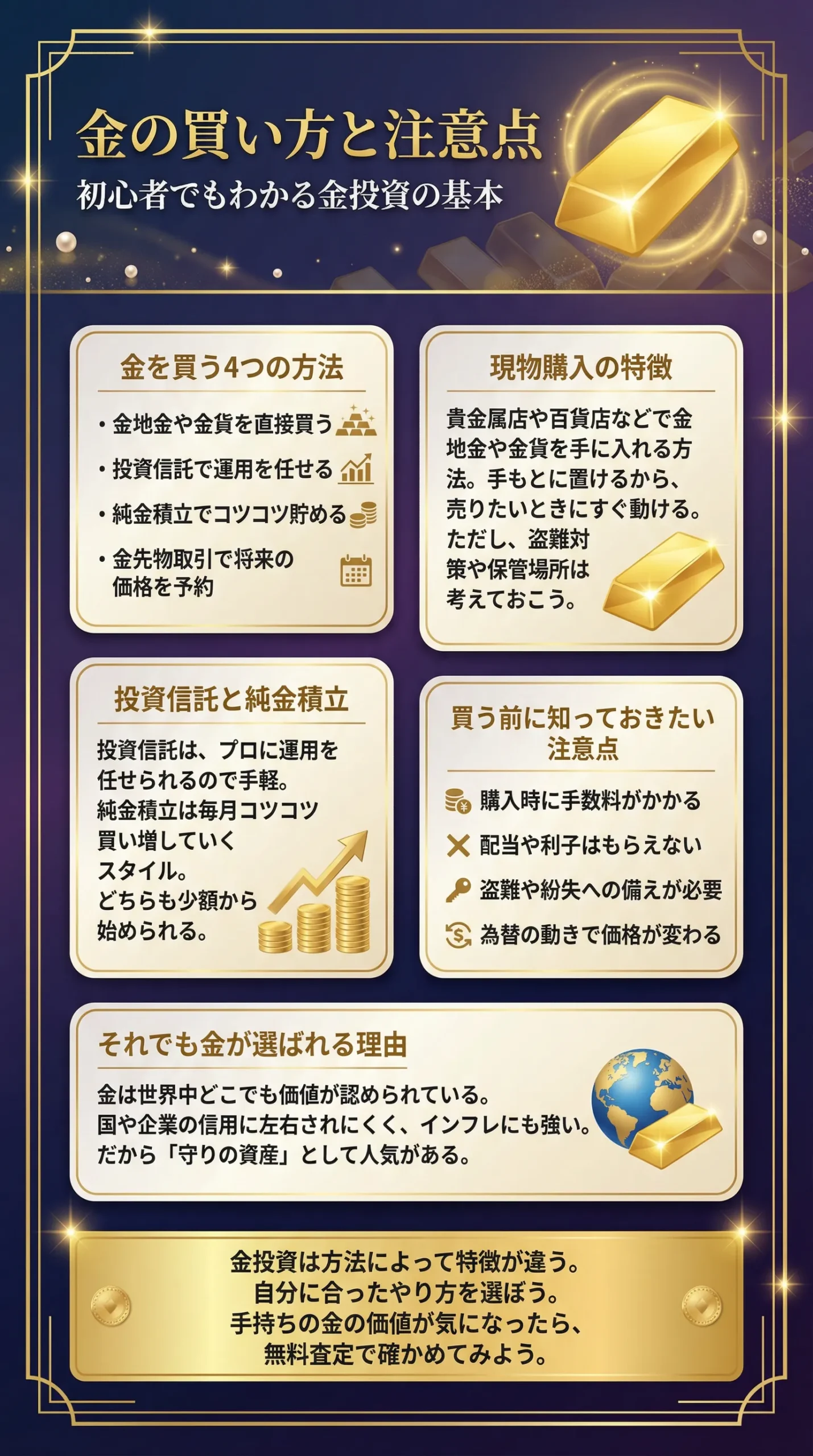 金購入の注意点とは？金を買うおもな方法やメリットについても解説