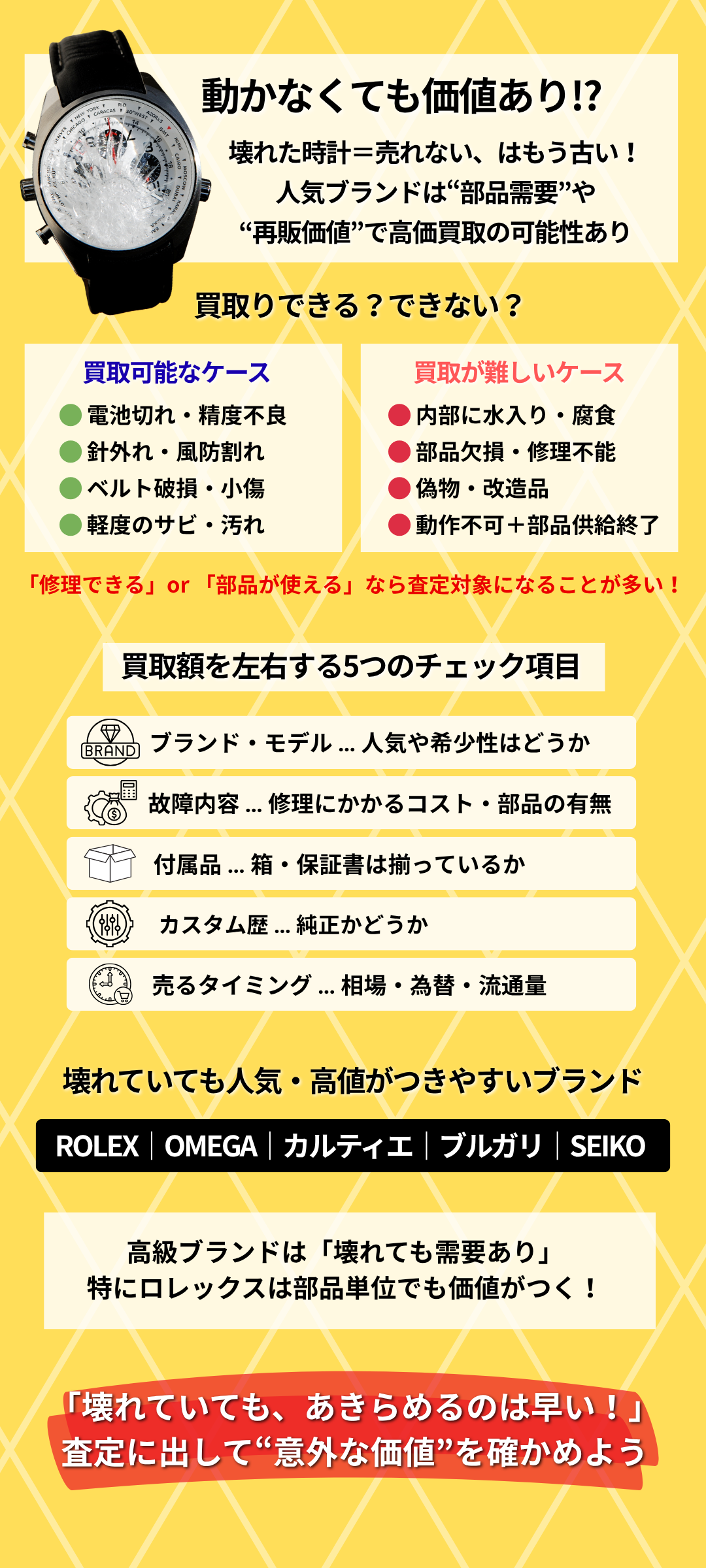 壊れた時計でも買取は可能?高く売るコツと査定のポイント、ブランド別の注目点を解説