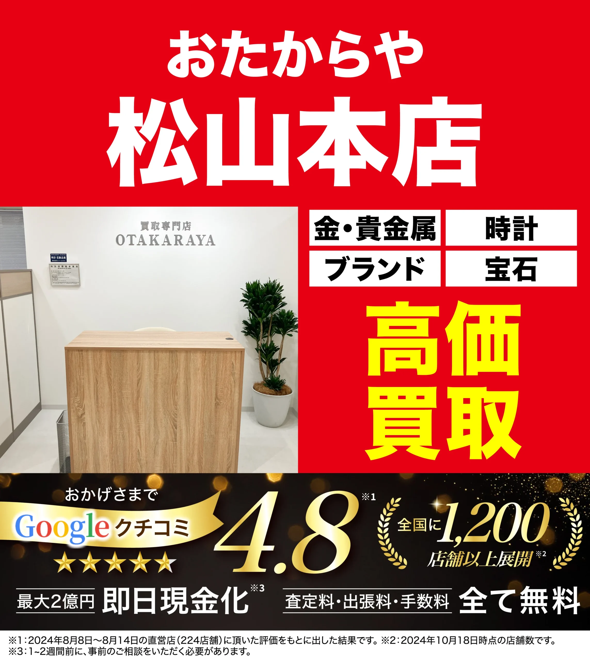金、貴金属高価買取！googleクチコミ4.8、全国1,200店舗以上！