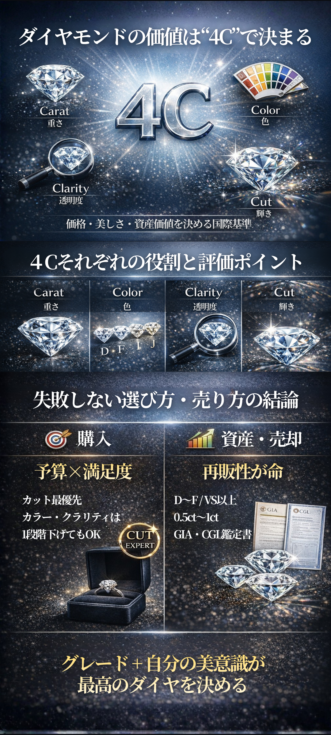 ダイヤモンドのグレード別特徴!4C評価基準・価格相場・鑑定書の見方まで徹底解説
