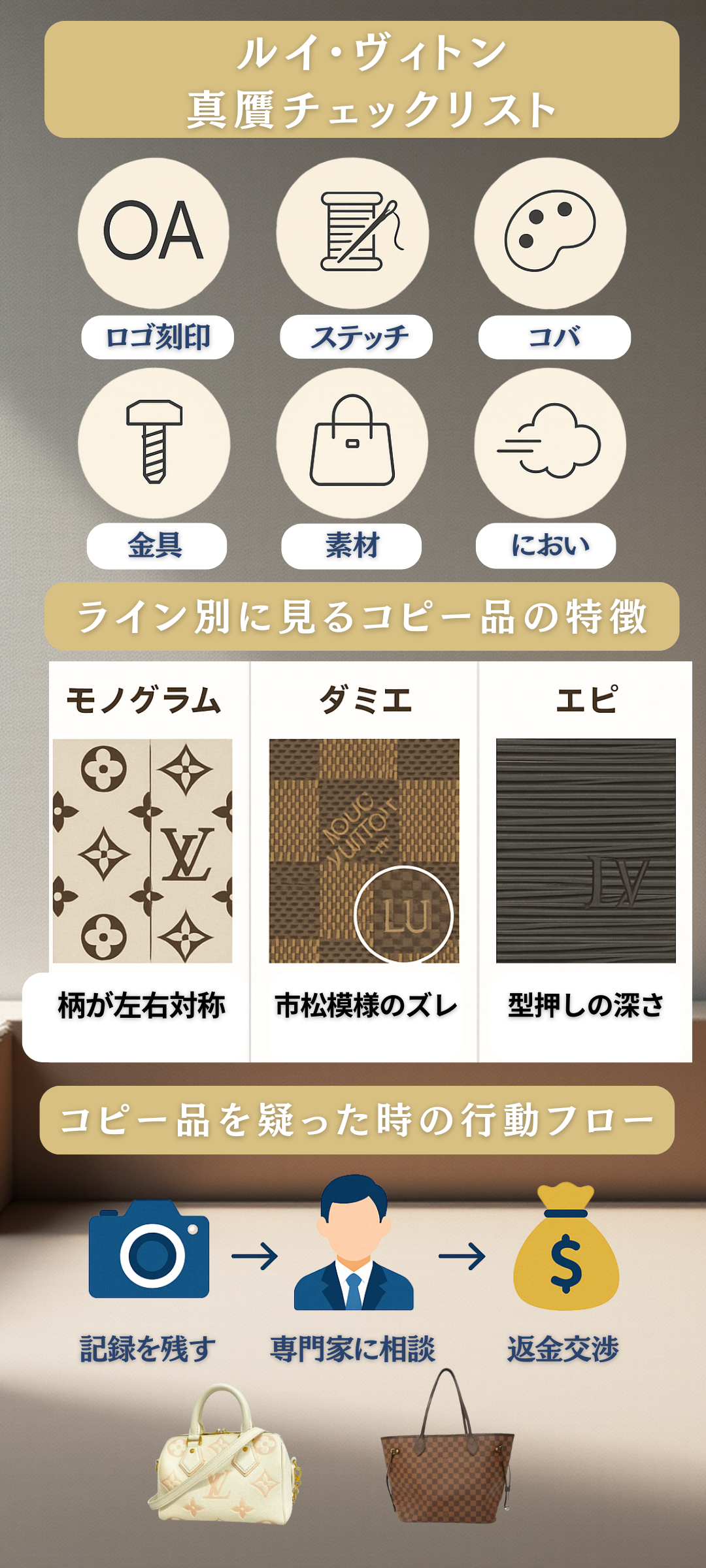 ルイヴィトンのコピー品(偽物)の見分け方とは?真贋の基本チェック、ライン別の違い、買う前・売る前の注意点を解説