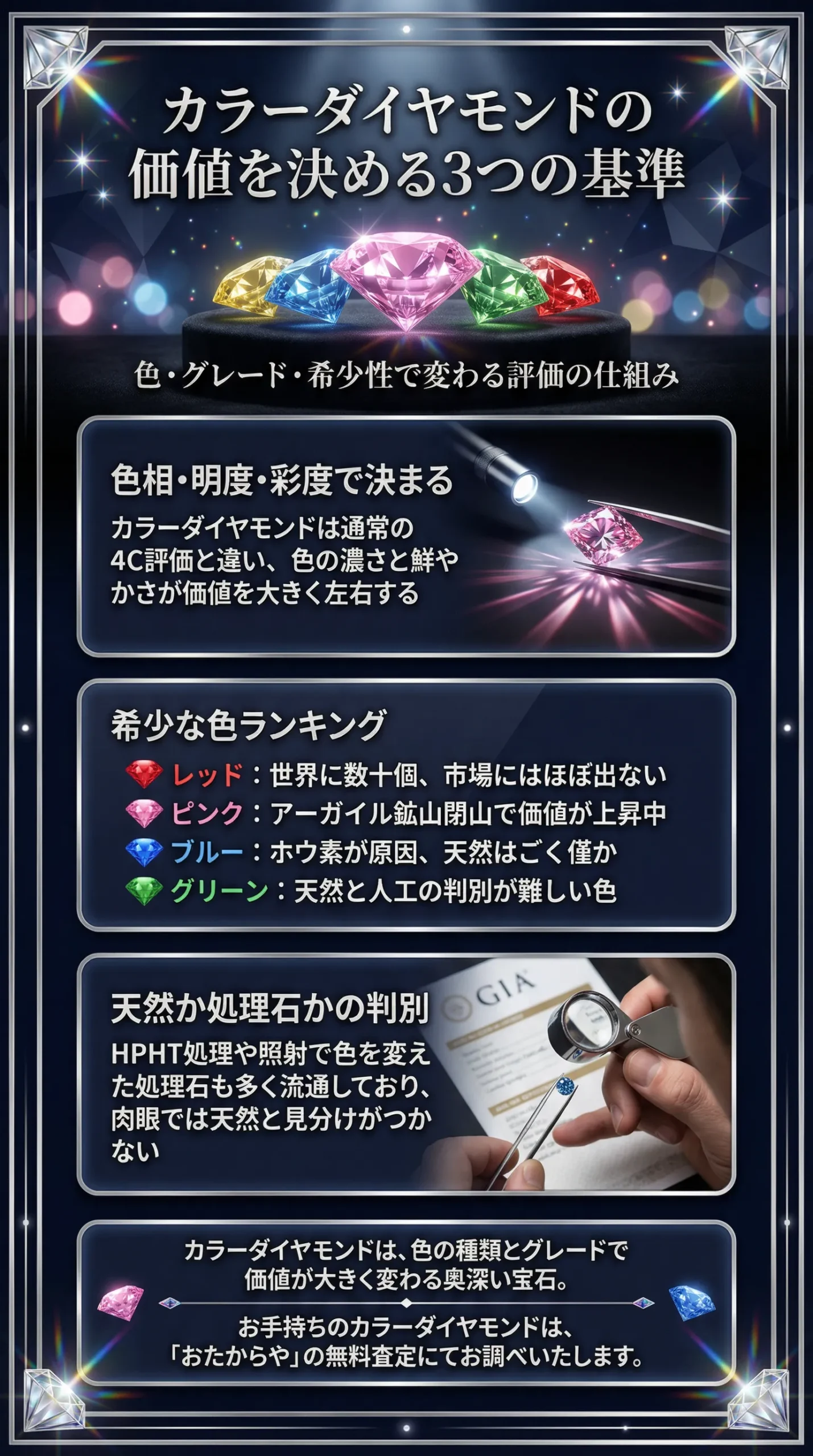 カラーダイヤモンドの価値を決める3つの評価基準とは?色別の特徴・買取相場まで徹底解説