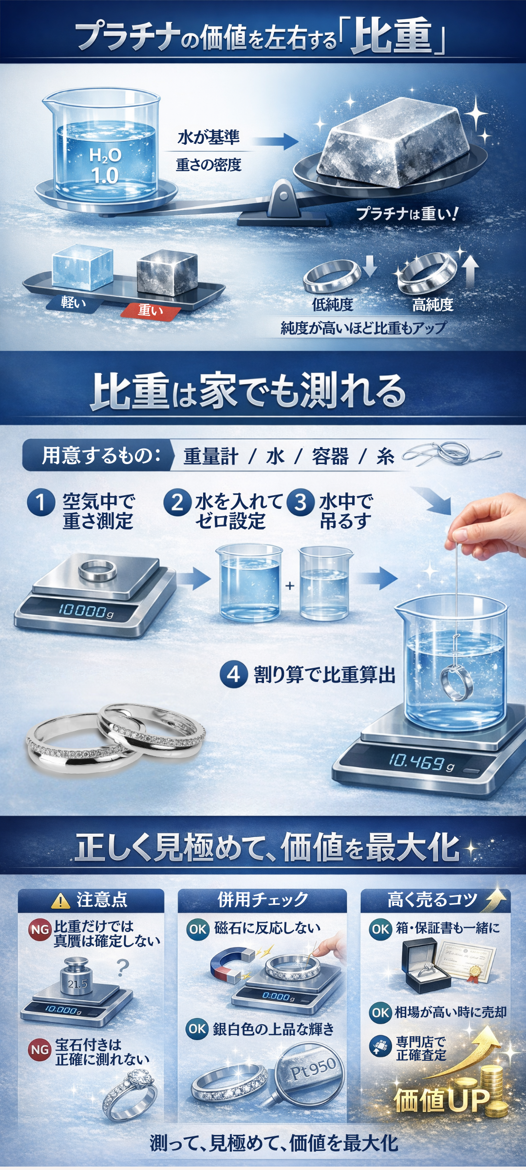 プラチナの比重とは？自分で調べる方法や高く売却するためのポイントをご紹介