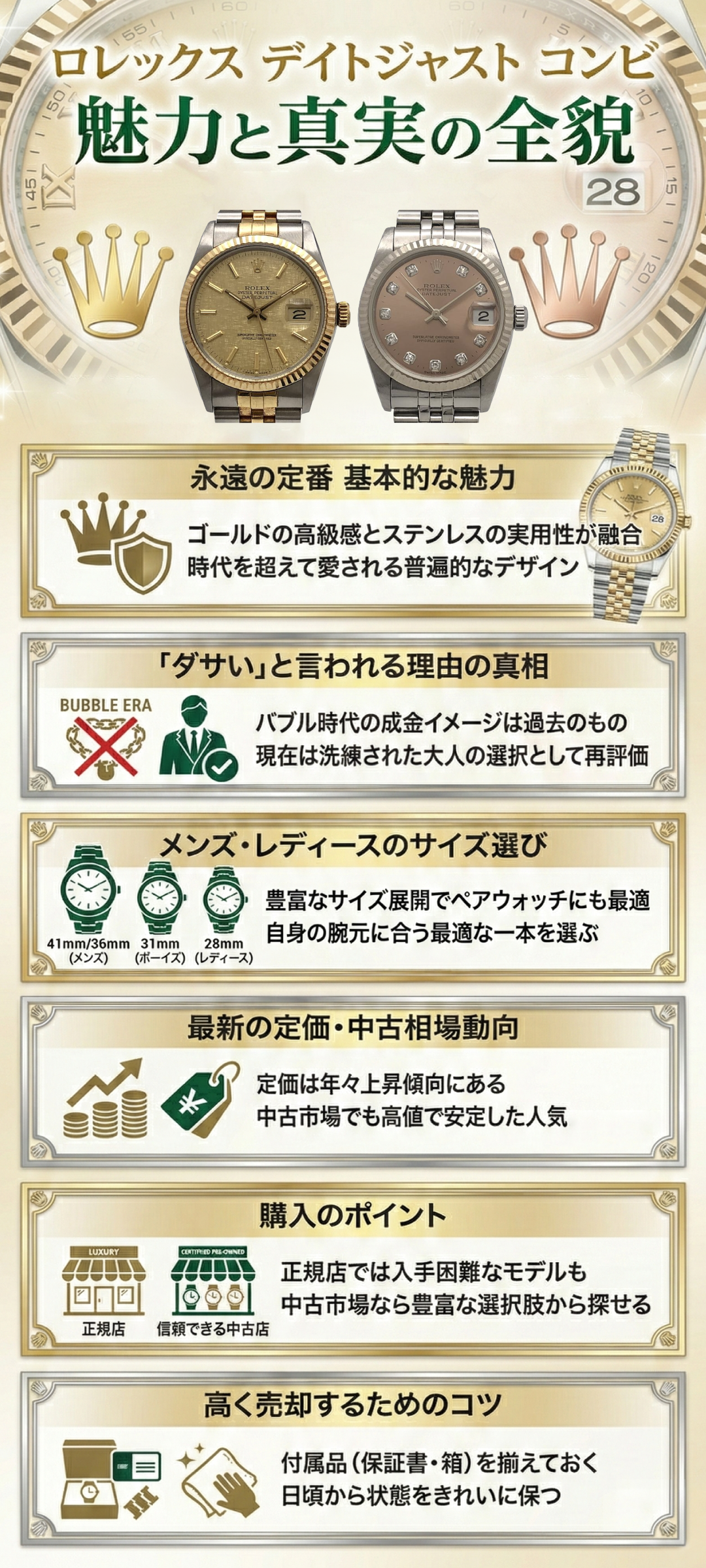 ロレックス デイトジャスト コンビの魅力とは？人気モデルや「ダサい」と言われる真相を徹底解説