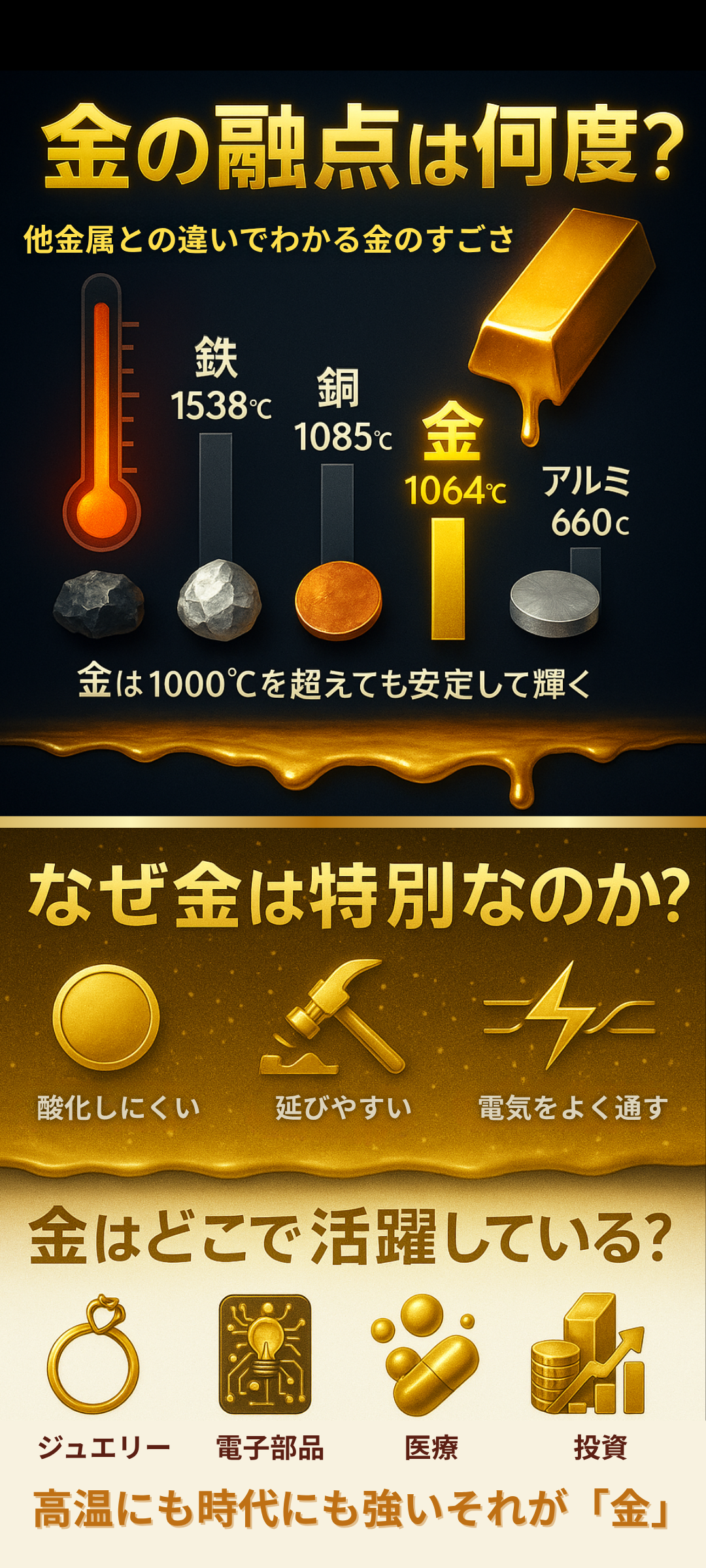 金の融点は何度?他金属との比較から金の特性を活かした用途まで徹底解説