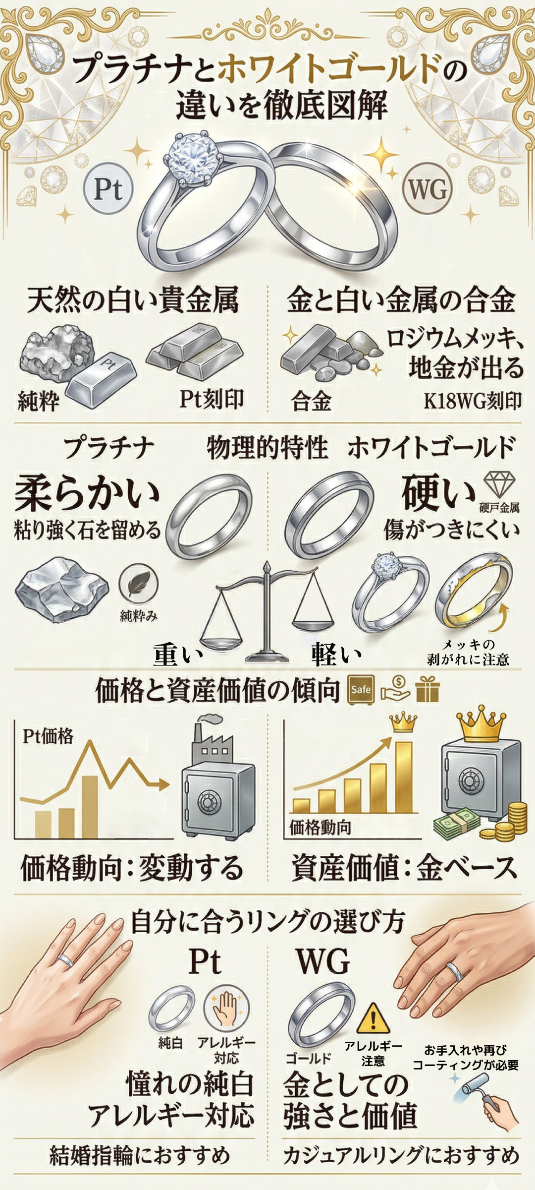 プラチナとホワイトゴールドの違いとは？特徴や価値を徹底比較