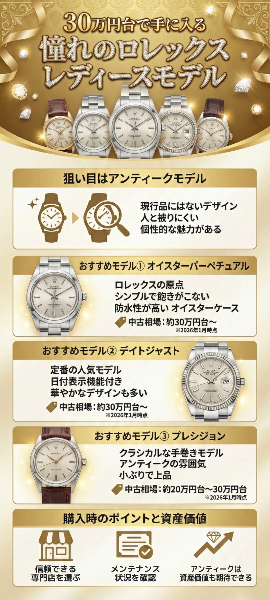 ロレックスのレディースモデルは30万円台で購入できる？アンティークモデルもご紹介