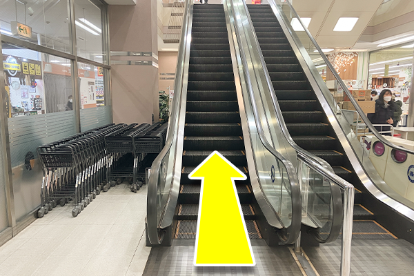 スーパー三和に入店し、直進しエスカレーターで２階にあがります。