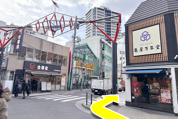 こすぎ南壱番街の吉野家と亀屋万年堂の間を右折してください。
