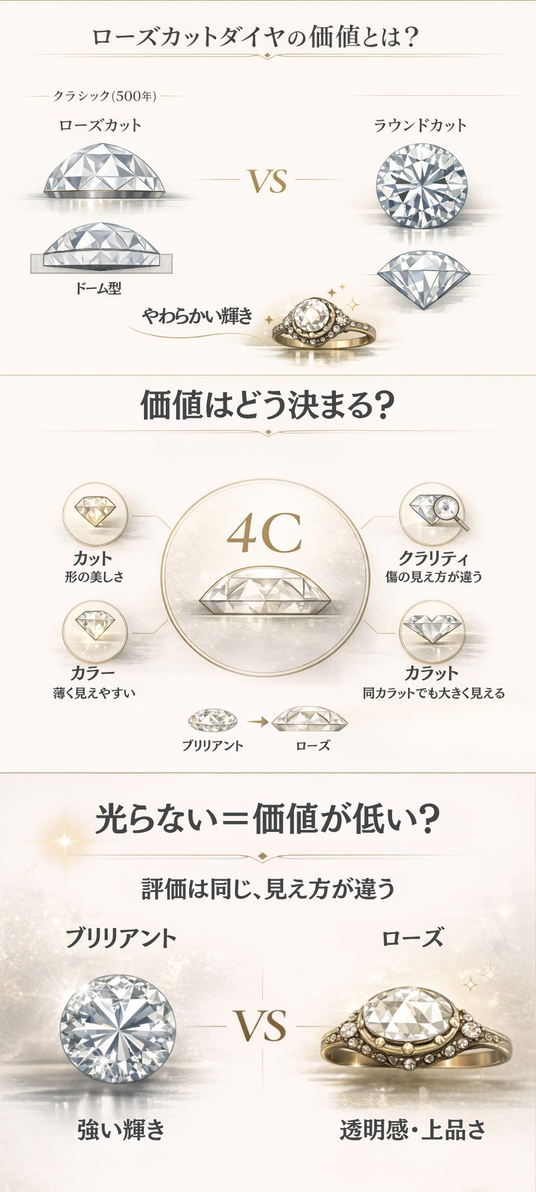 ローズカットダイヤモンドの価値とは？その種類や光らないと言われる理由もご紹介