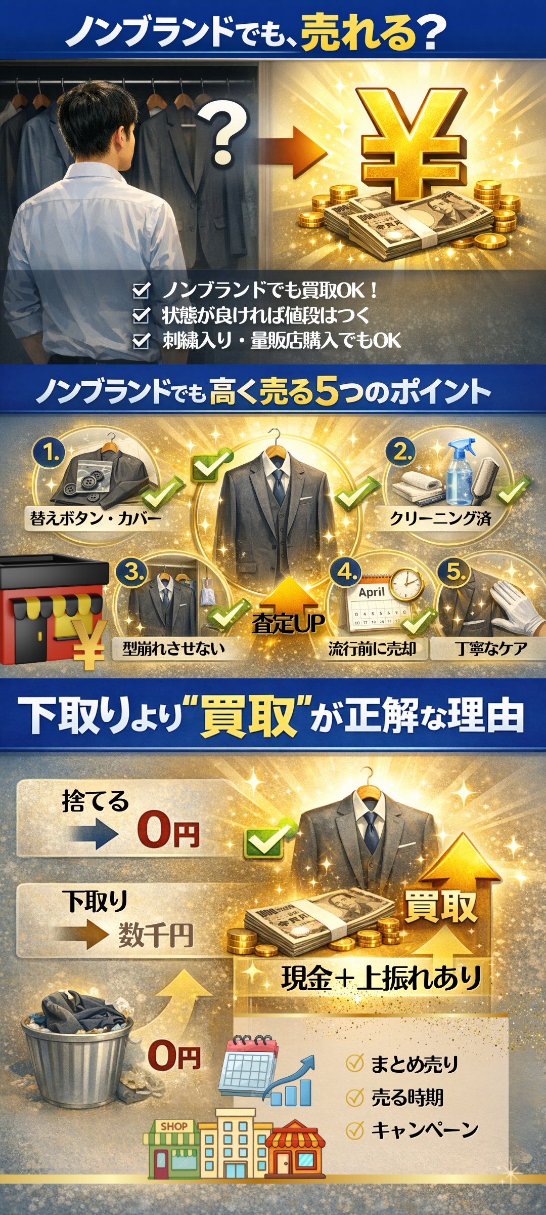 スーツはノンブランドでも買取できる？高く売れるブランドと高く売る方法も徹底解説