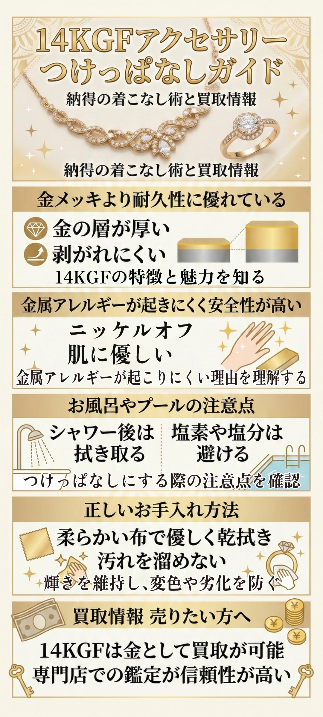 14KGFアクセサリーはつけっぱなしでも大丈夫？耐久性や黒ずみ・汚れの対策についても解説