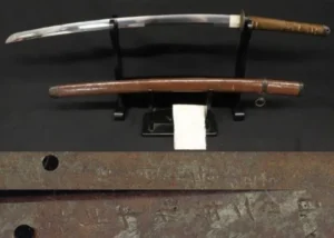 太刀[長さ]65.5cm[反り]1.9cm[目釘]2個[銘](表)三州住筒井清兼作(裏)昭和十九年二月 軍刀拵 栃木県