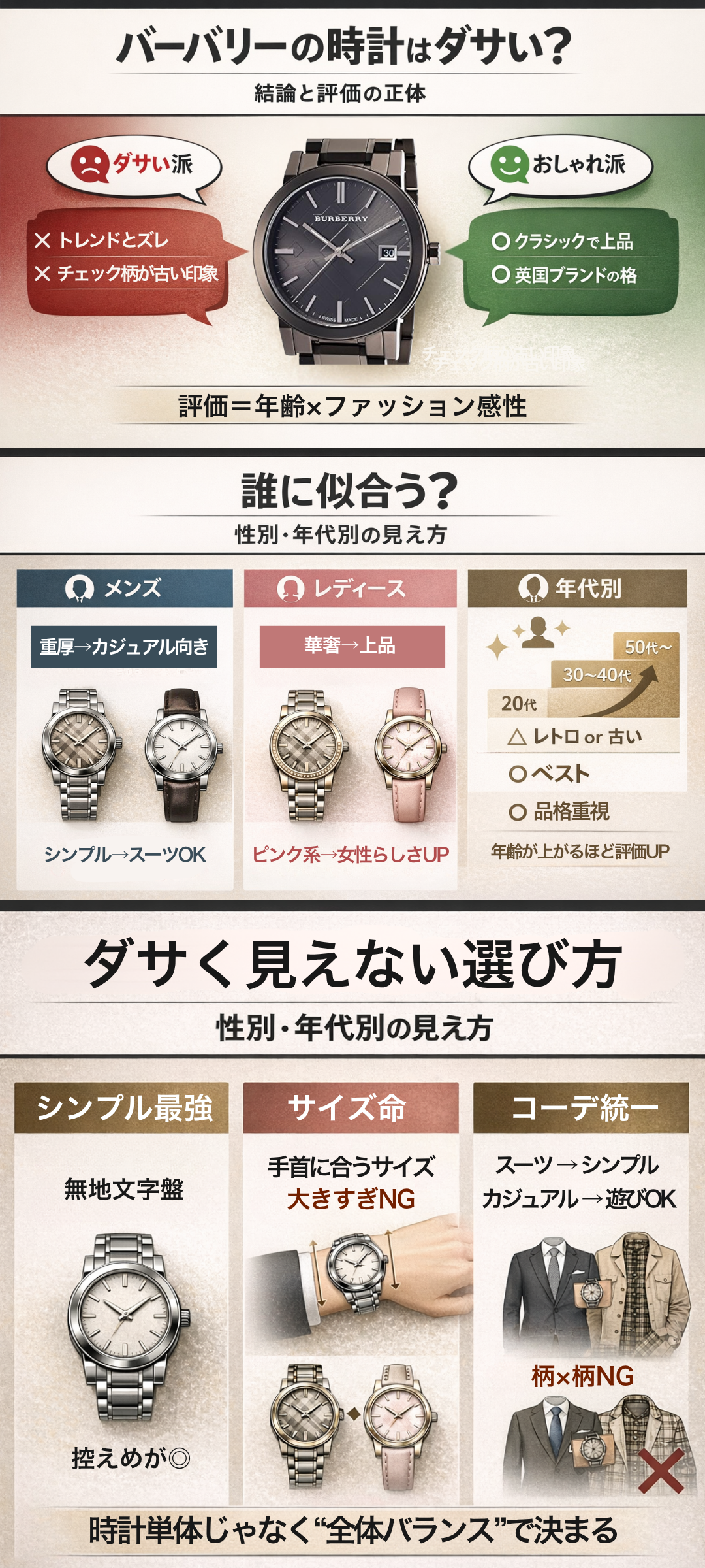 バーバリーの時計はダサいのか？メンズ・レディース別の印象と年齢別選び方を解説