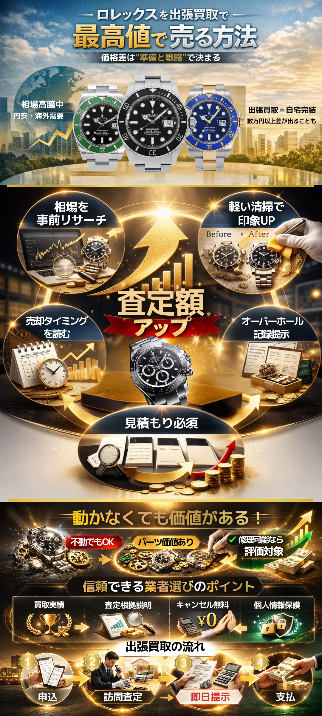 ロレックスを出張買取で高く売る5つのコツとは?デイトナ・サブマリーナなどの人気モデルの買取価格も紹介!