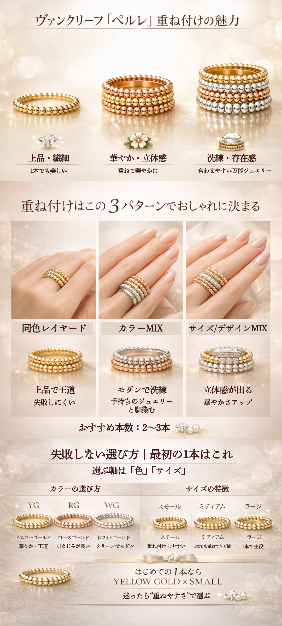 ヴァンクリーフの指輪ペルレを重ね付けしたい!サイズの選び方や組み合わせ例も