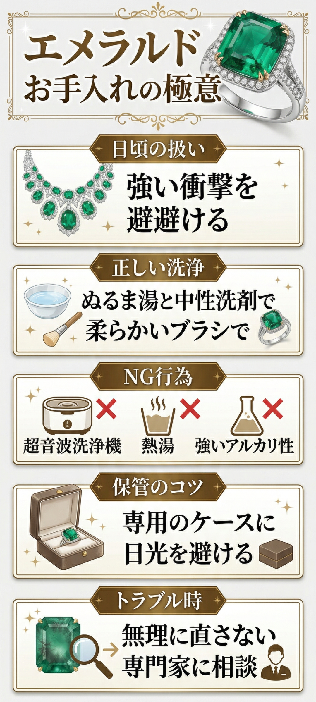 エメラルドの輝きを守るお手入れ方法は？水洗いはNG？普段使い時の注意点も解説