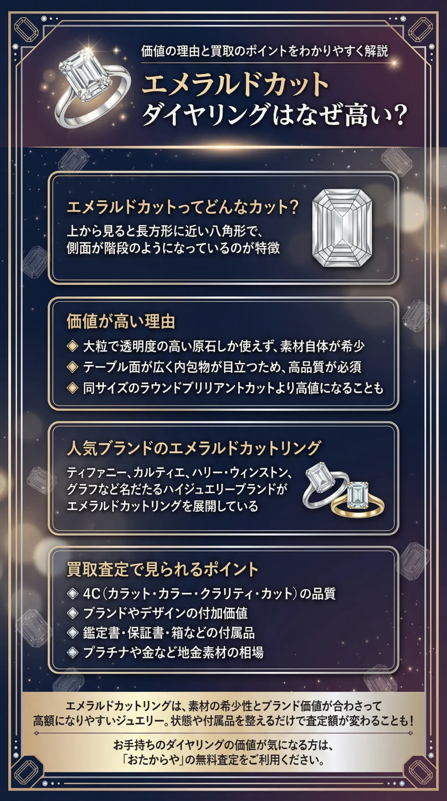 エメラルドカットのダイヤリング｜価値が高い理由や高価買取のポイントを徹底解説