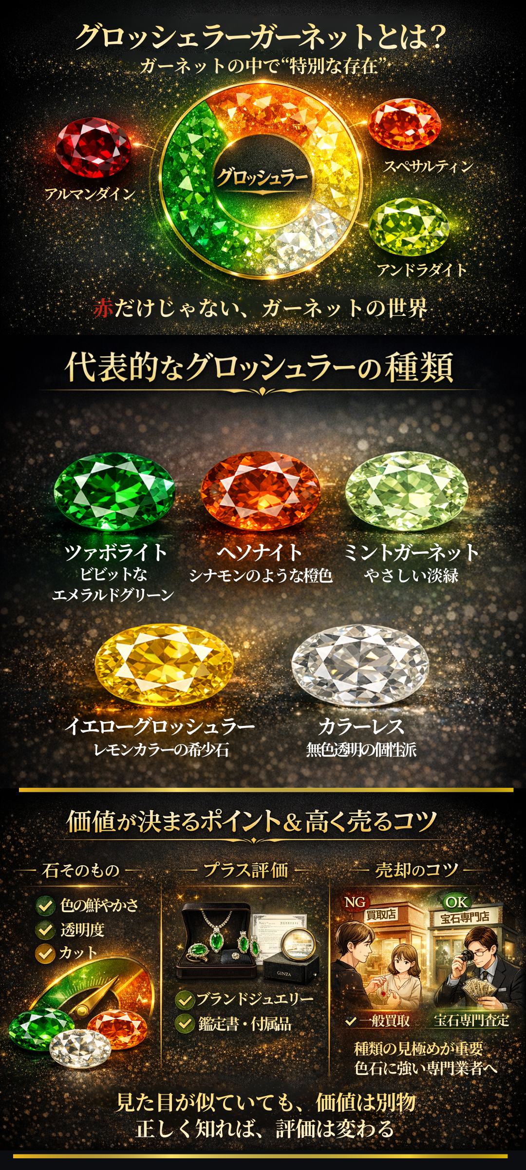 グロッシュラーガーネットの魅力と価値を徹底解説｜特徴・種類・高く売るコツまでまるごとガイド！