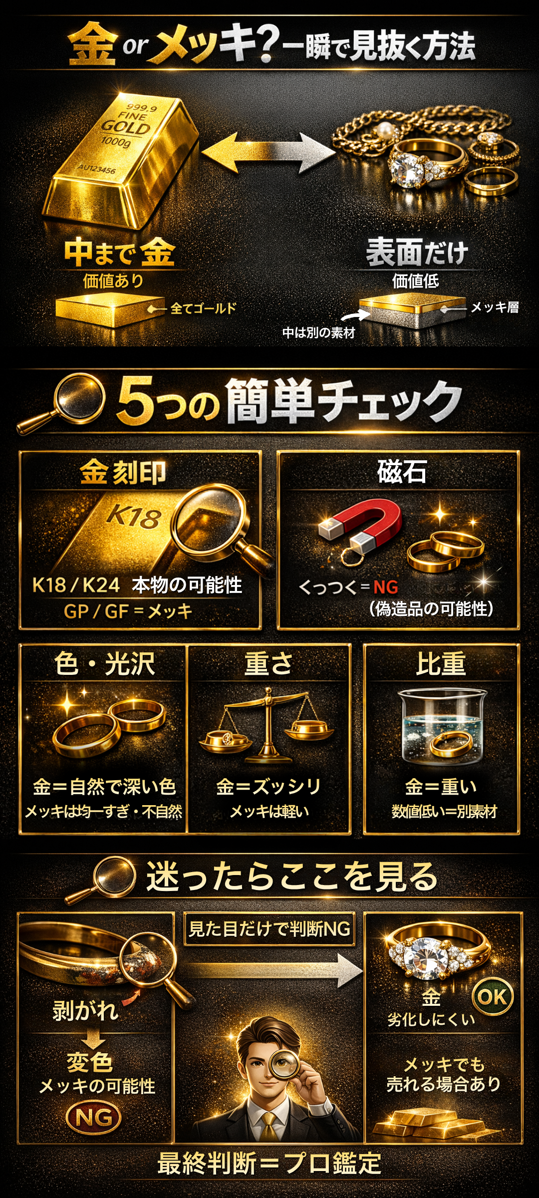 金と金メッキの見分け方｜刻印・比重・家庭でできる簡単な判別法まで解説