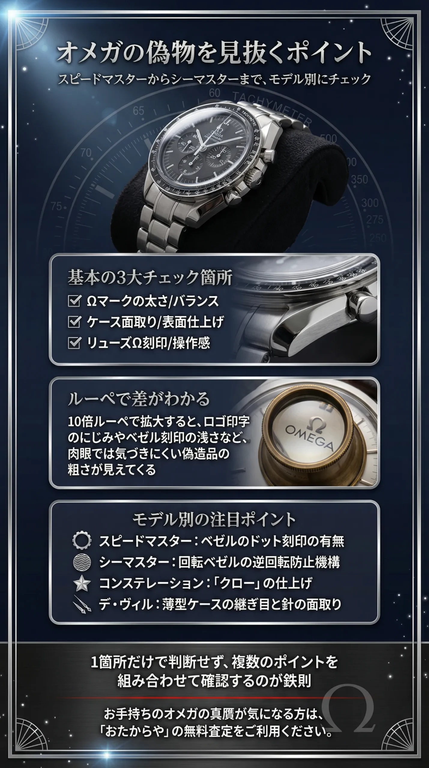 オメガの偽物の見分け方とは？スピードマスターやシーマスターなど人気モデルについて幅広く解説