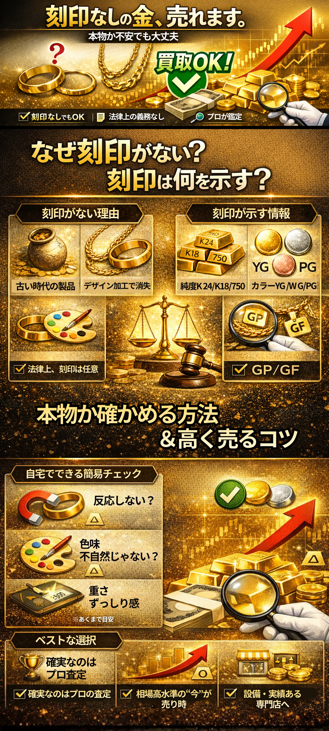 金は刻印なしでも売れる？本物の見分け方や高価買取のポイントをご紹介