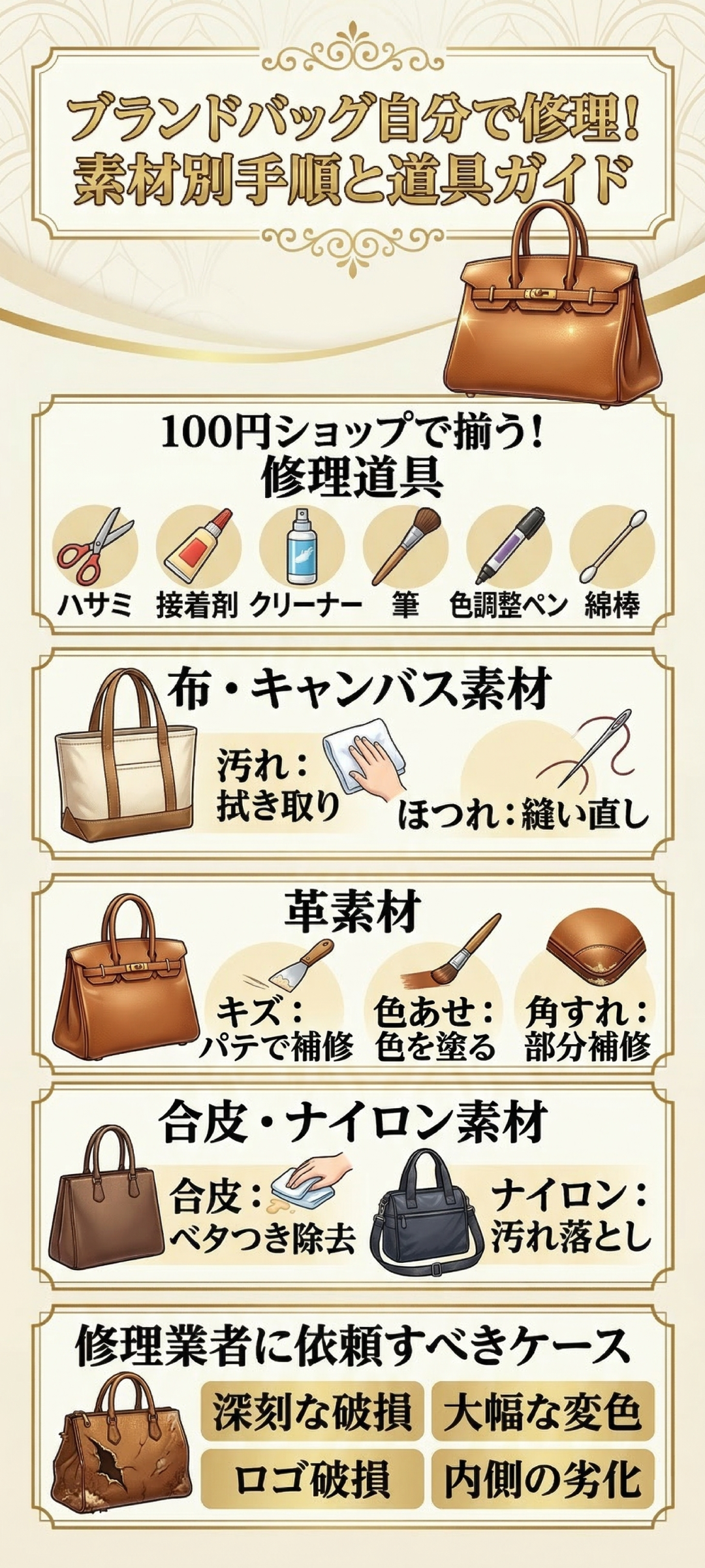 カバン修理を自分で！布・革バッグの破れや持ち手・ファスナーを直す完全ガイド