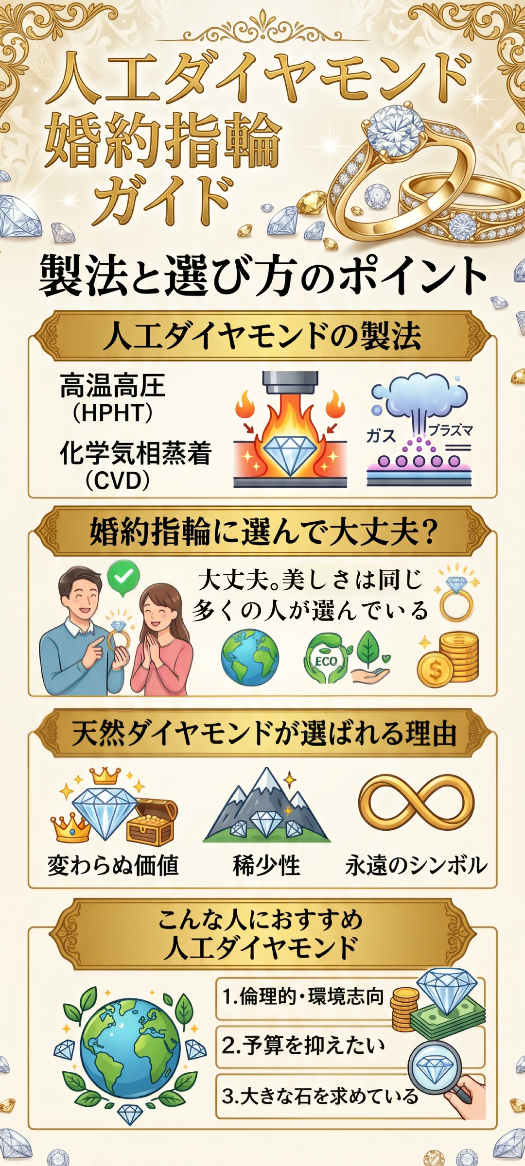 婚約指輪は人工ダイヤモンドでも大丈夫？天然との違い・選び方と相場を解説