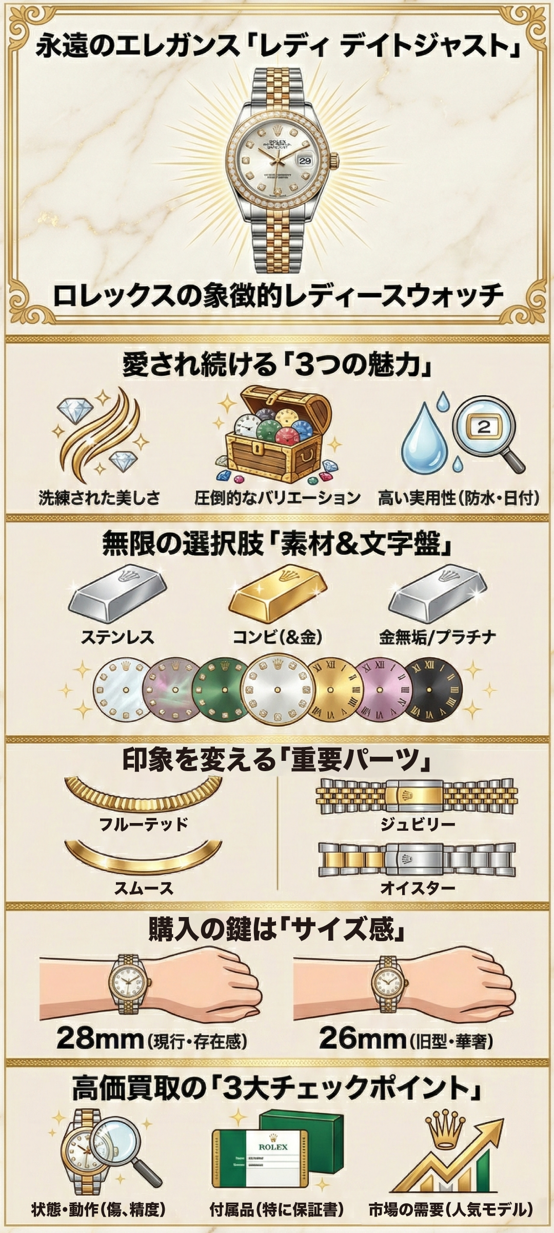 ロレックスのデイトジャスト レディースを徹底解説!人気モデル・購入ガイド・買取査定のポイントまで