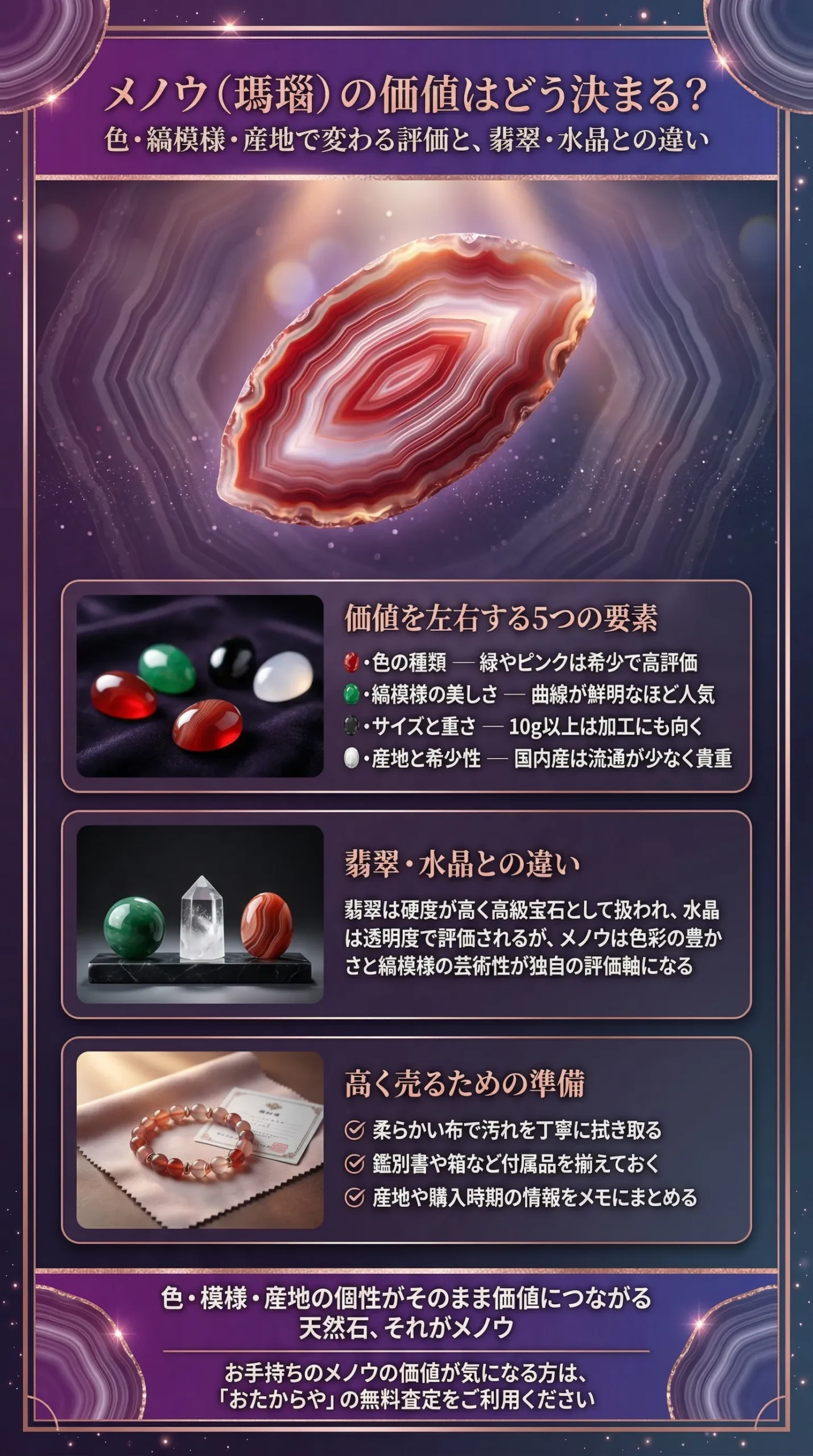 メノウ（瑪瑙）の価値は？色や縞模様、他天然石（翡翠、水晶）との買取値段の違いを解説