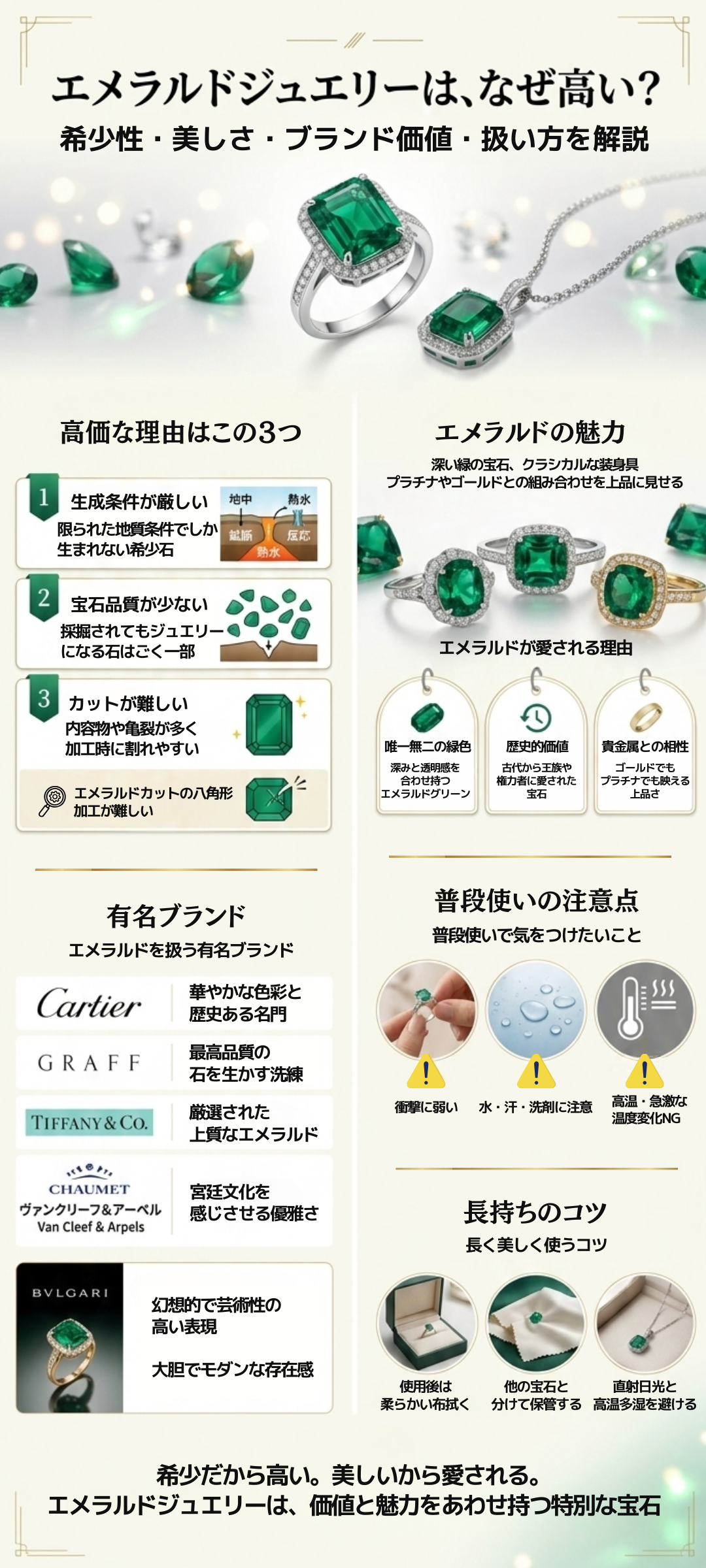 エメラルドジュエリーはなぜ高い?魅力や価値、エメラルドジュエリーを扱う有名ブランドなどを解説