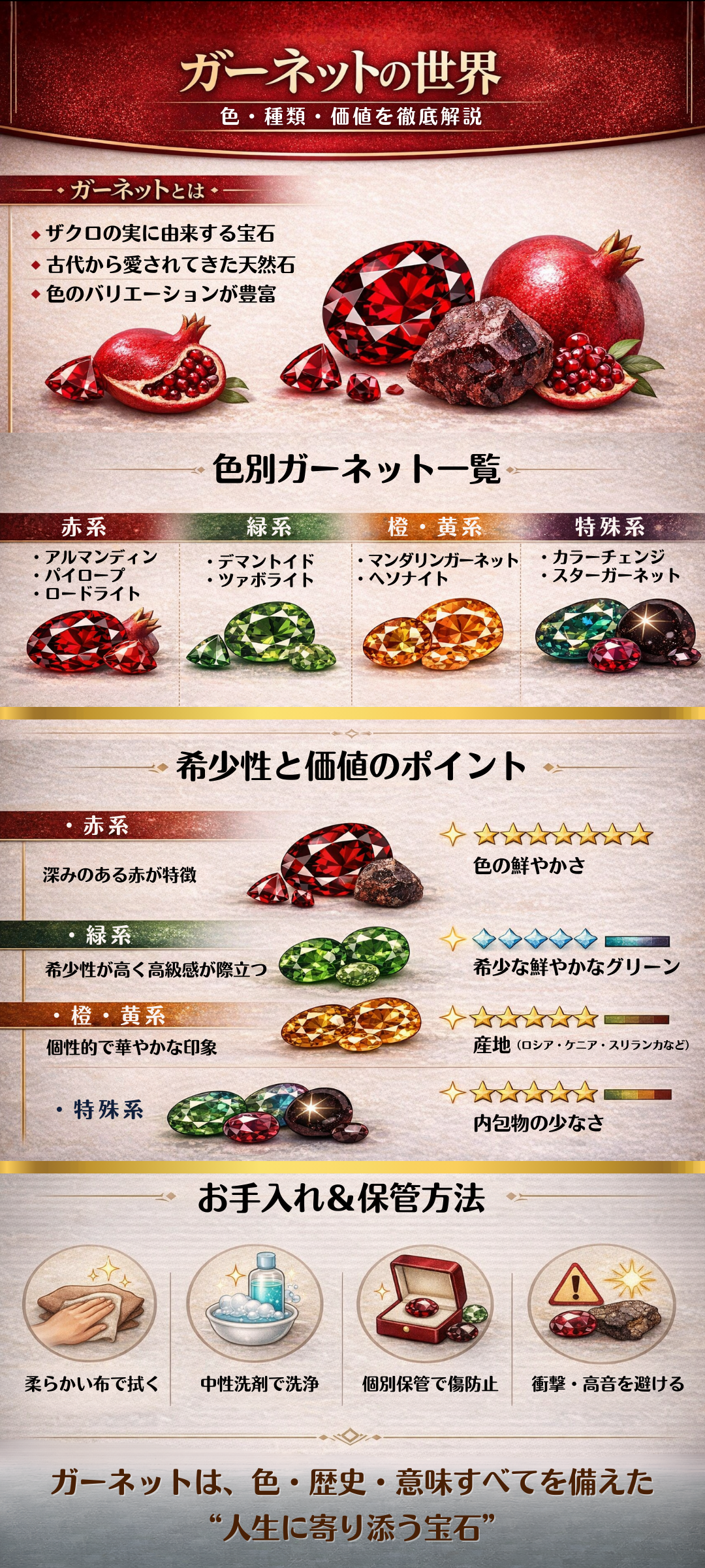 ガーネットの色・種類と魅力を徹底解説！代表的な産地やお手入れ方法についてもご紹介