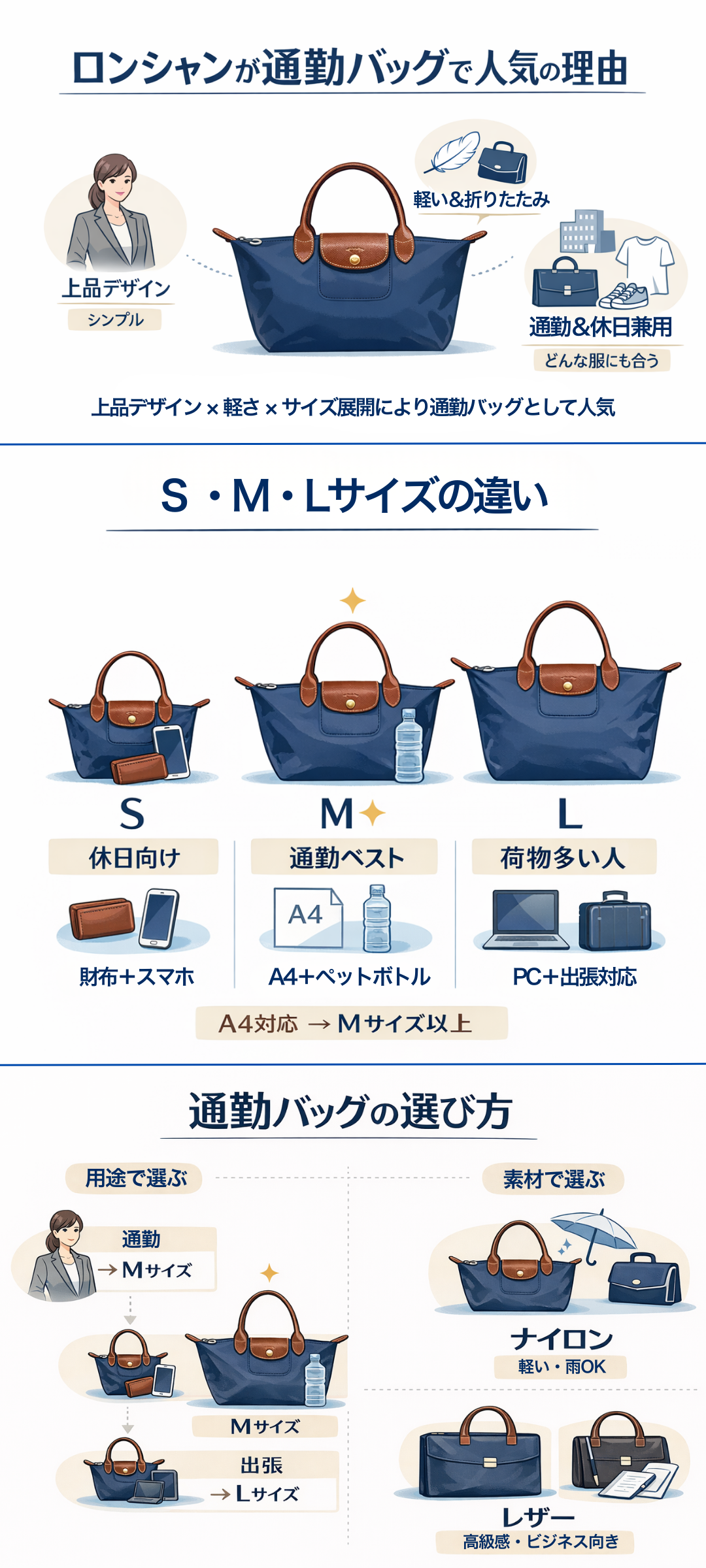 ロンシャンの通勤バッグのサイズに迷う方必見！サイズ別比較＆A4・出張対応モデルを紹介