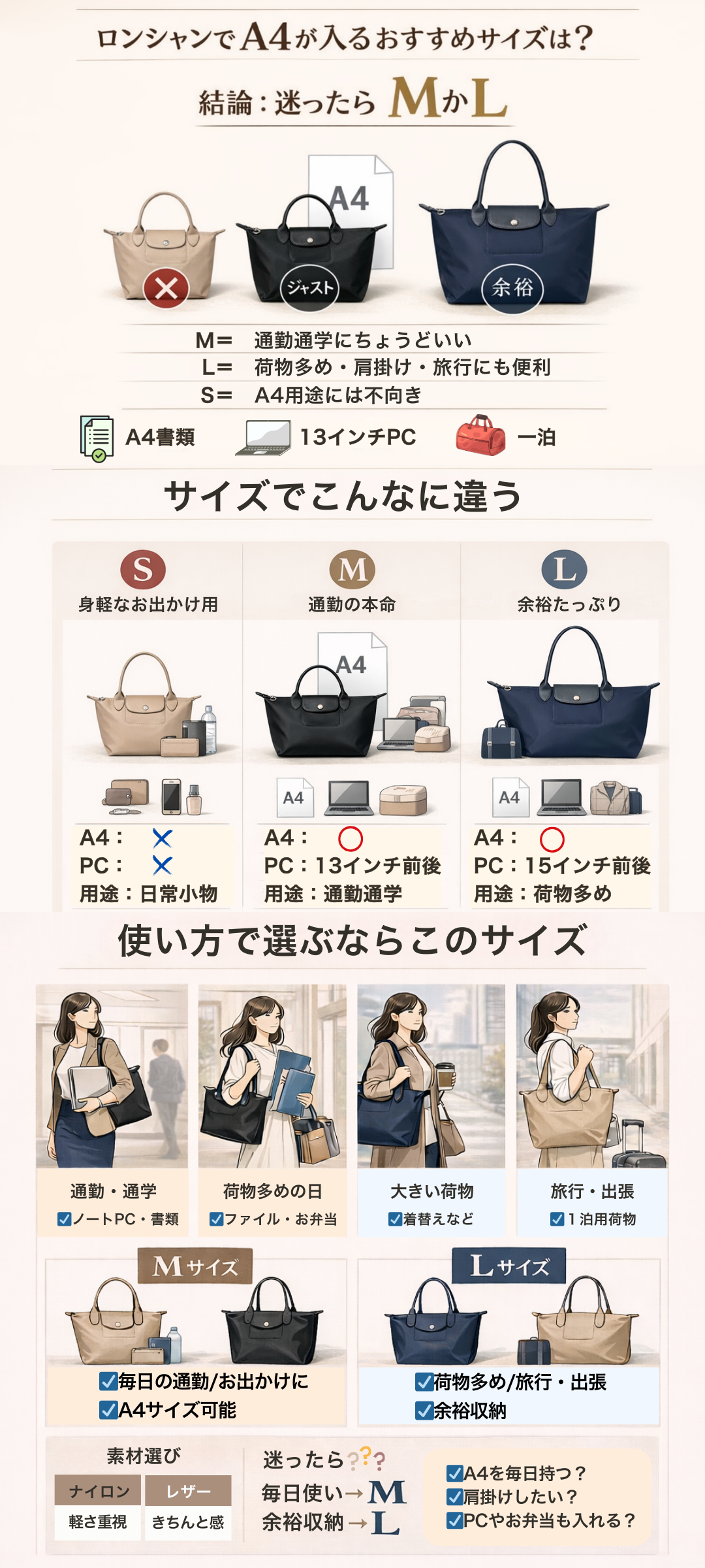 ロンシャンでA4が入るおすすめサイズは？人気モデル比較と通勤・旅行別の選び方を解説
