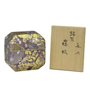 工芸美術 藤田喬平●手吹飾筥「藤娘」 ガラス工芸 共箱 本人作 伝統工芸 金彩 有名 茶道具