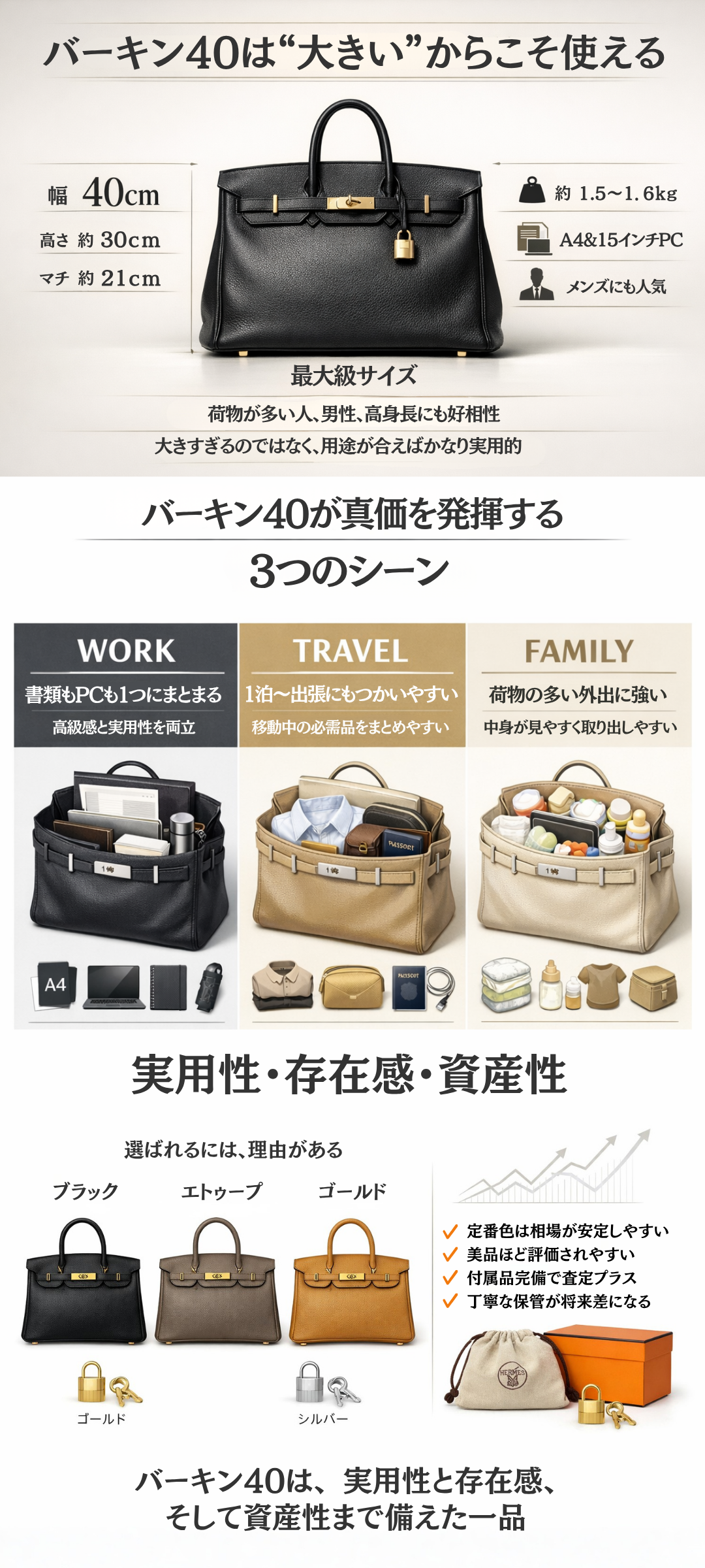 バーキン40はメンズにも人気？｜カラー・金具の選び方と仕事・子育て・旅行での実用性を解説