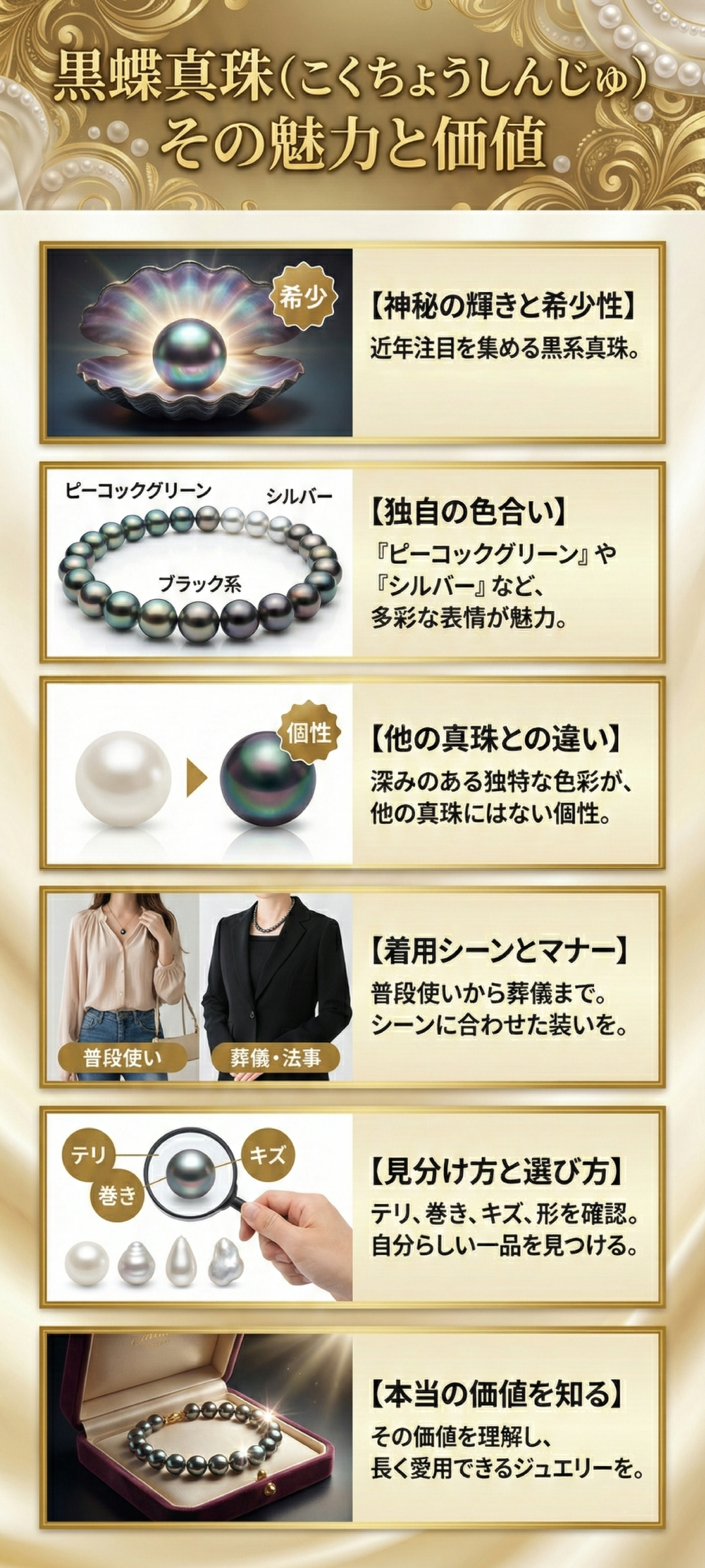 黒蝶真珠の魅力や選び方とは?ネックレスの選び方やピーコック・シルバーの違い、普段使いのコツも解説